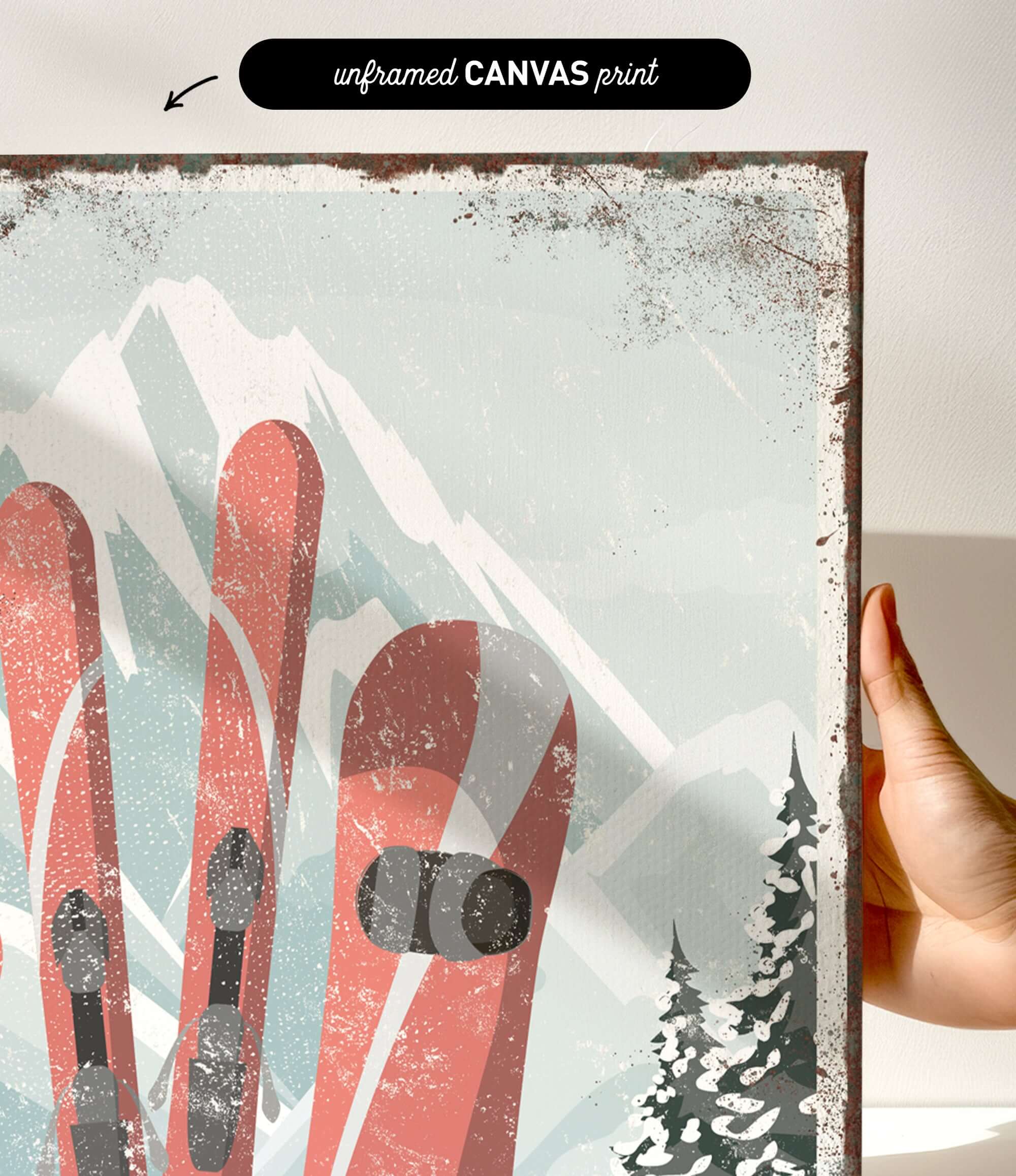 a person holding up a picture of a pair of skis