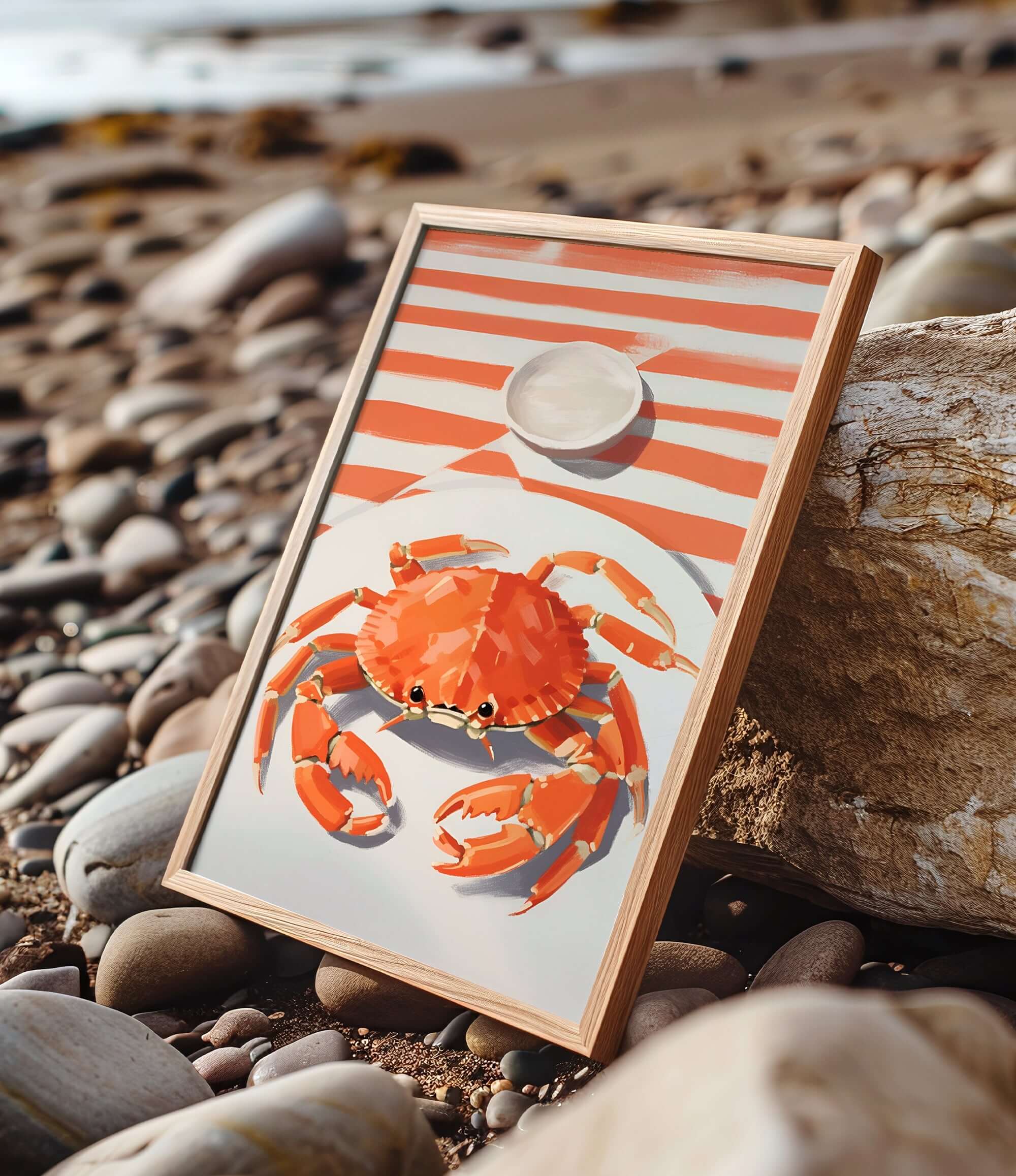 A framed image of a vibrant orange crab is displayed on a rocky beach, with a white plate featuring a small white object on top of it.
