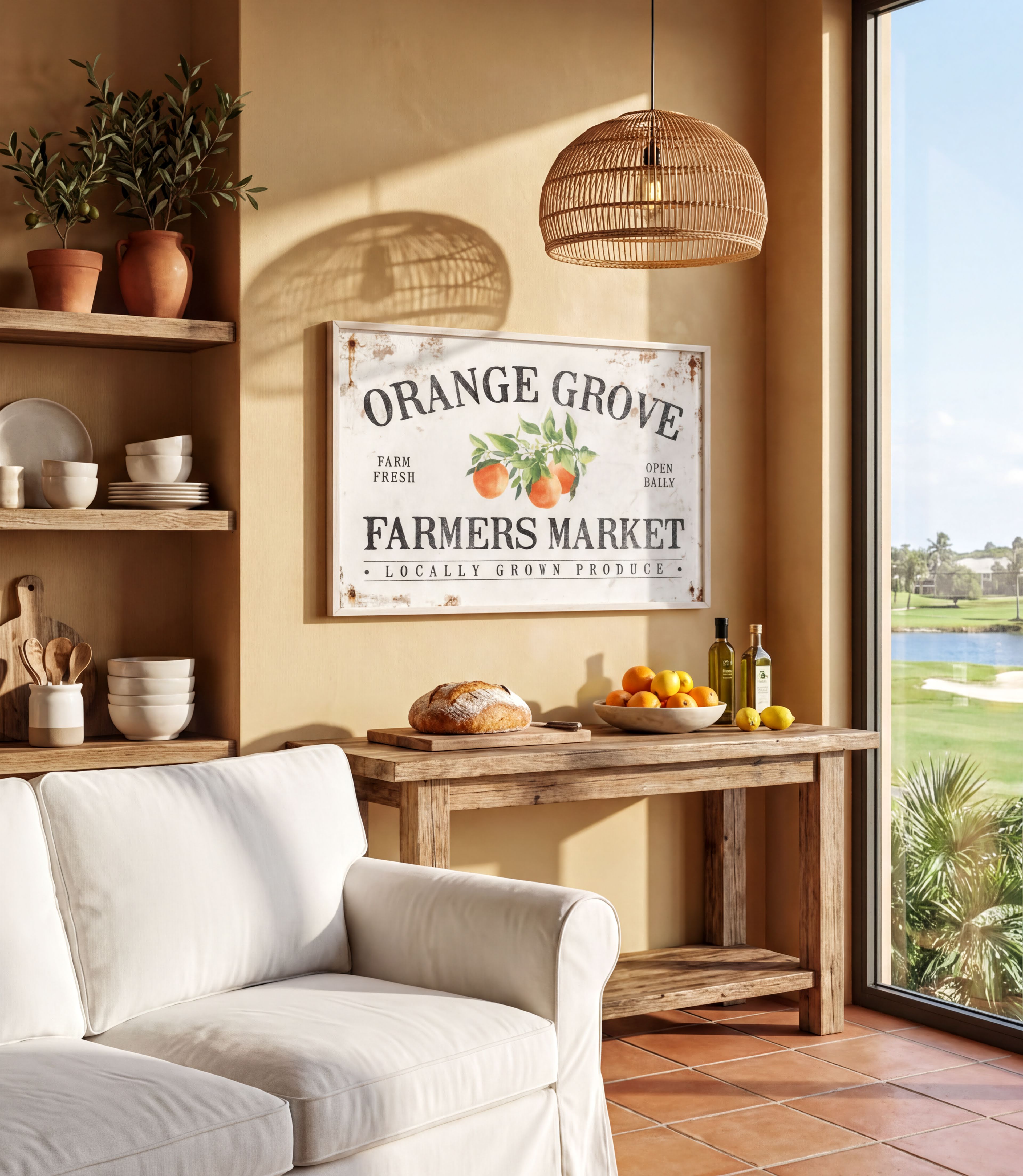 a cozy living room with a rustic wooden table, a white sofa, and a hanging woven light fixture. The table is adorned with various items, including a bowl of fruit, a loaf of bread, and a bottle of olive oil. Above the table, there is a framed sign that reads "Orange Grove Farmers Market Locally Grown Produce".