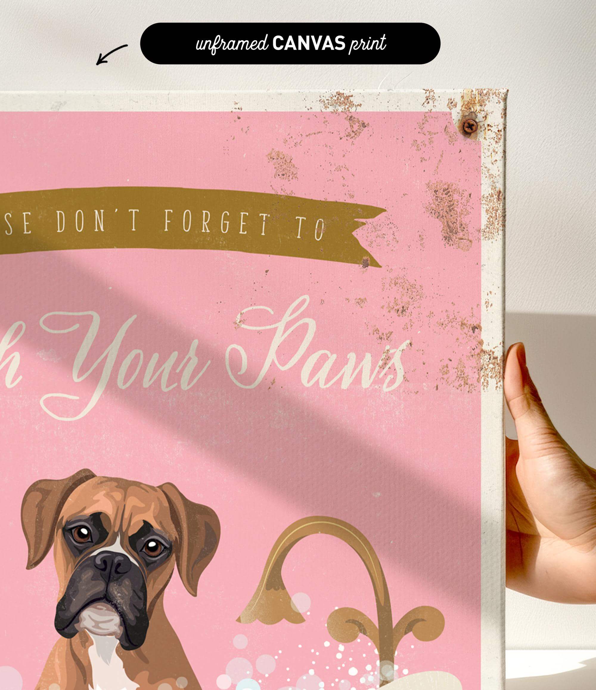 a pink background with a brown dog and a golden faucet, along with the text "Don't forget to wash your paws".