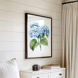 a white dresser with a framed picture of blue hydrangeas hanging on the wall above it.