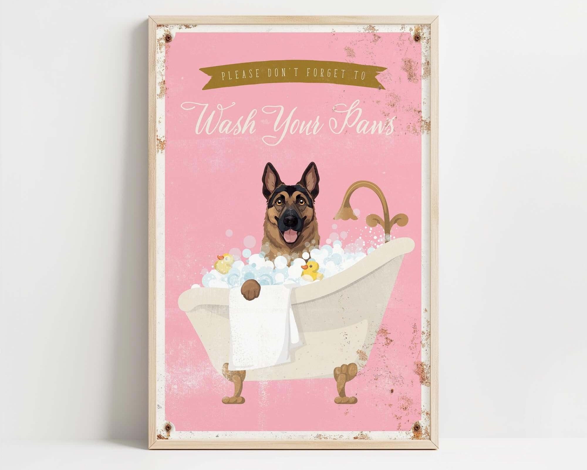A poster with a dog sitting in a bathtub filled with bubbles, accompanied by the text "Please don't forget to wash your pans".