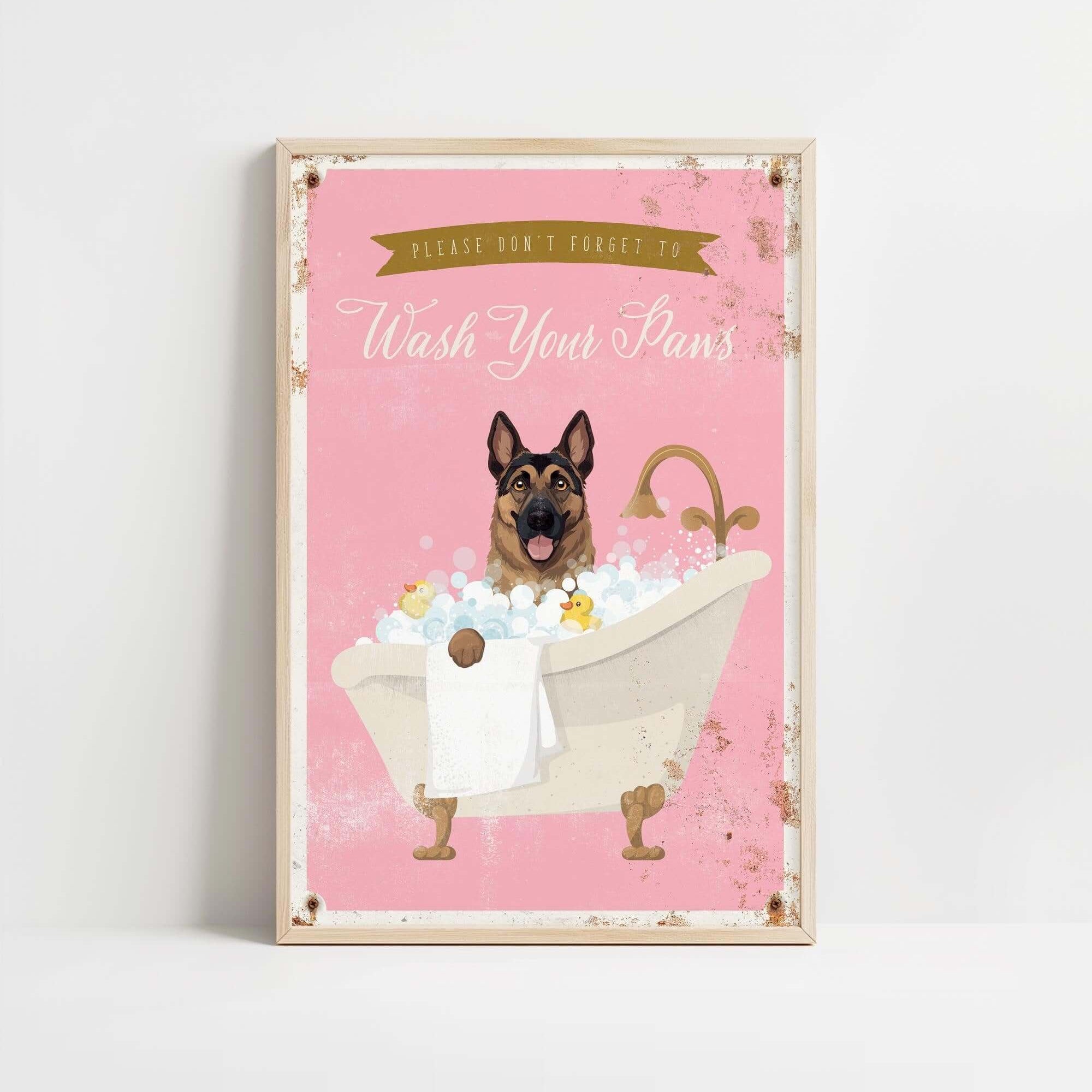 A poster with a dog sitting in a bathtub filled with bubbles, accompanied by the text "Please don't forget to wash your pans".