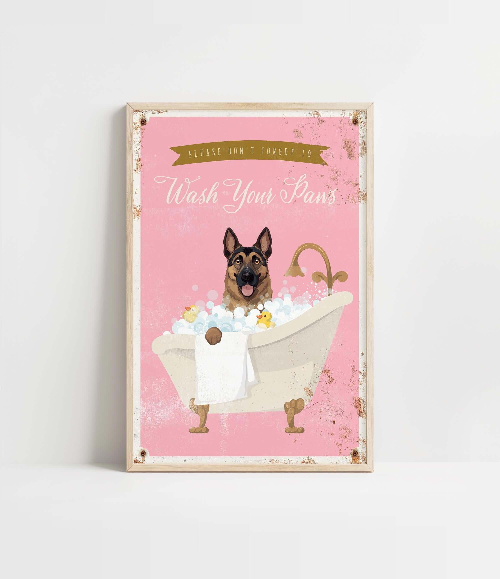 A poster with a dog sitting in a bathtub filled with bubbles, accompanied by the text "Please don't forget to wash your pans".