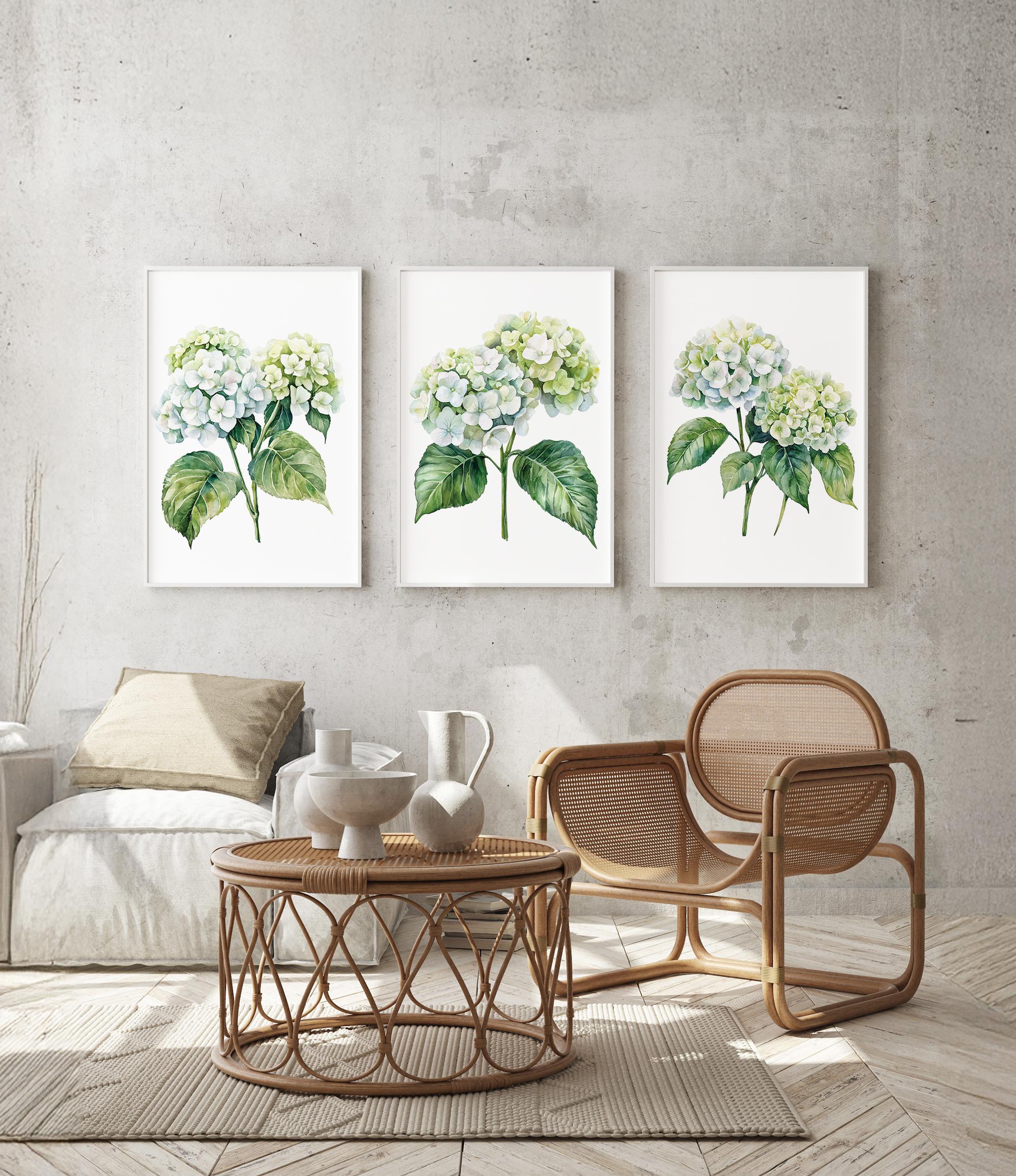a cozy living room with a wicker coffee table, a wooden chair, and three framed watercolor paintings of white hydrangeas hanging on the wall above the seating area.