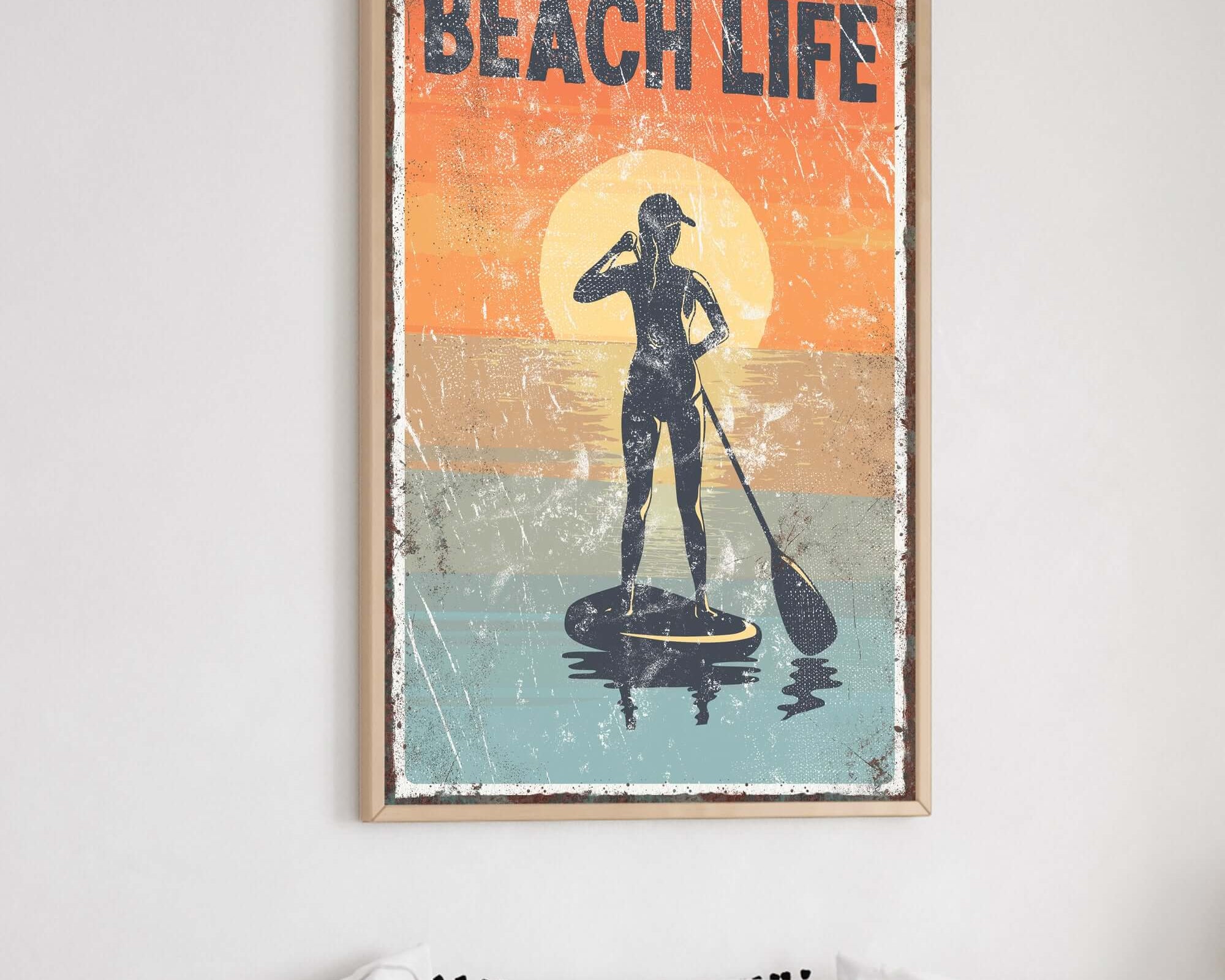 a bedroom with a bed and a poster on the wall