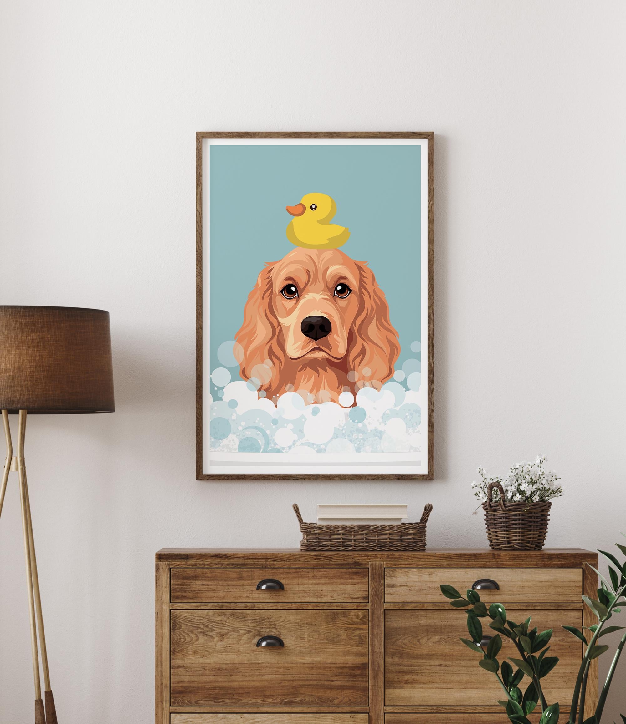 A framed illustration of a golden retriever dog with a yellow rubber duck on its head, set against a blue background with white bubbles.