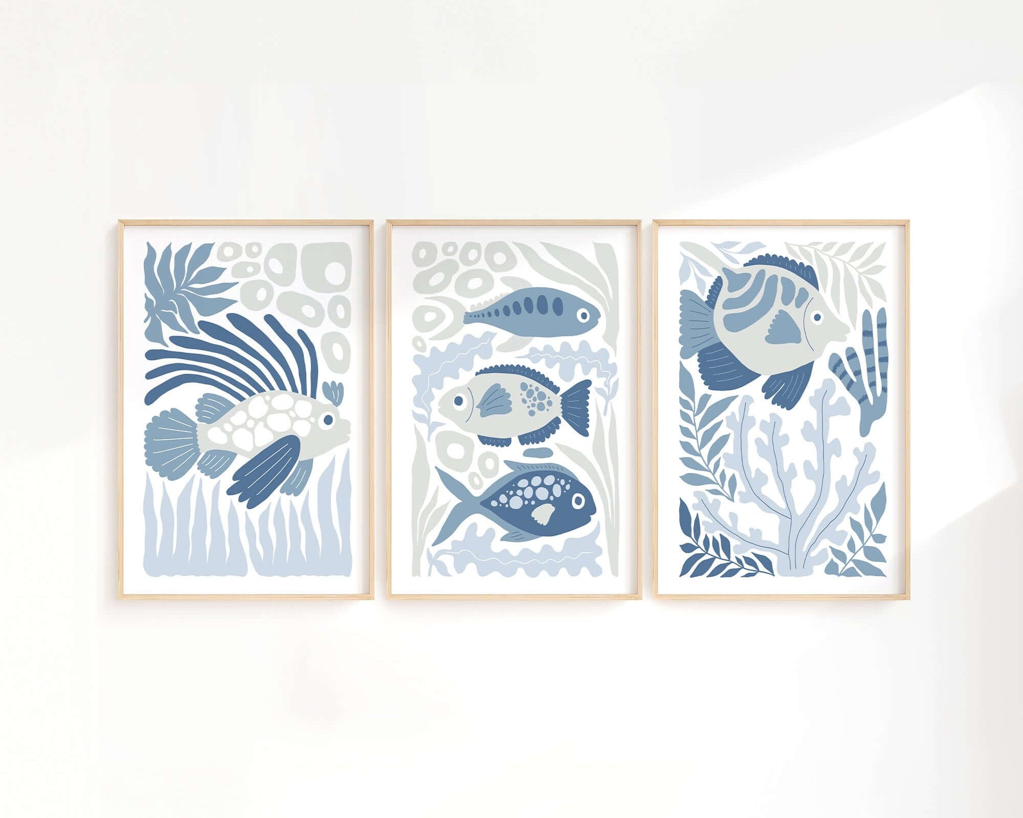 The Ocean Blocks Triptych | Set of Three Prints | 341 features abstract blue fish and aquatic plants, creating striking modern wall art for your home.
