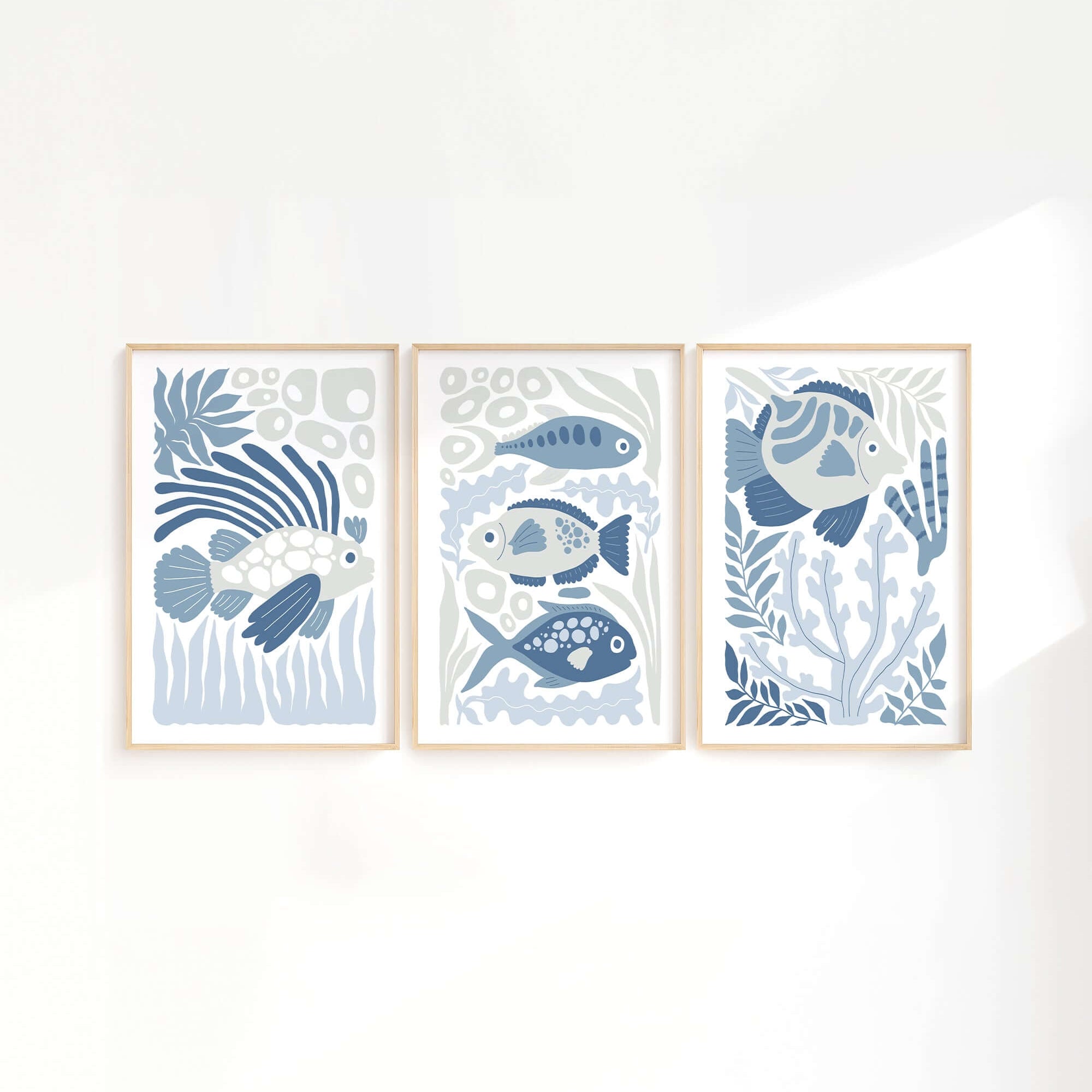 The Ocean Blocks Triptych | Set of Three Prints | 341 features abstract blue fish and aquatic plants, creating striking modern wall art for your home.