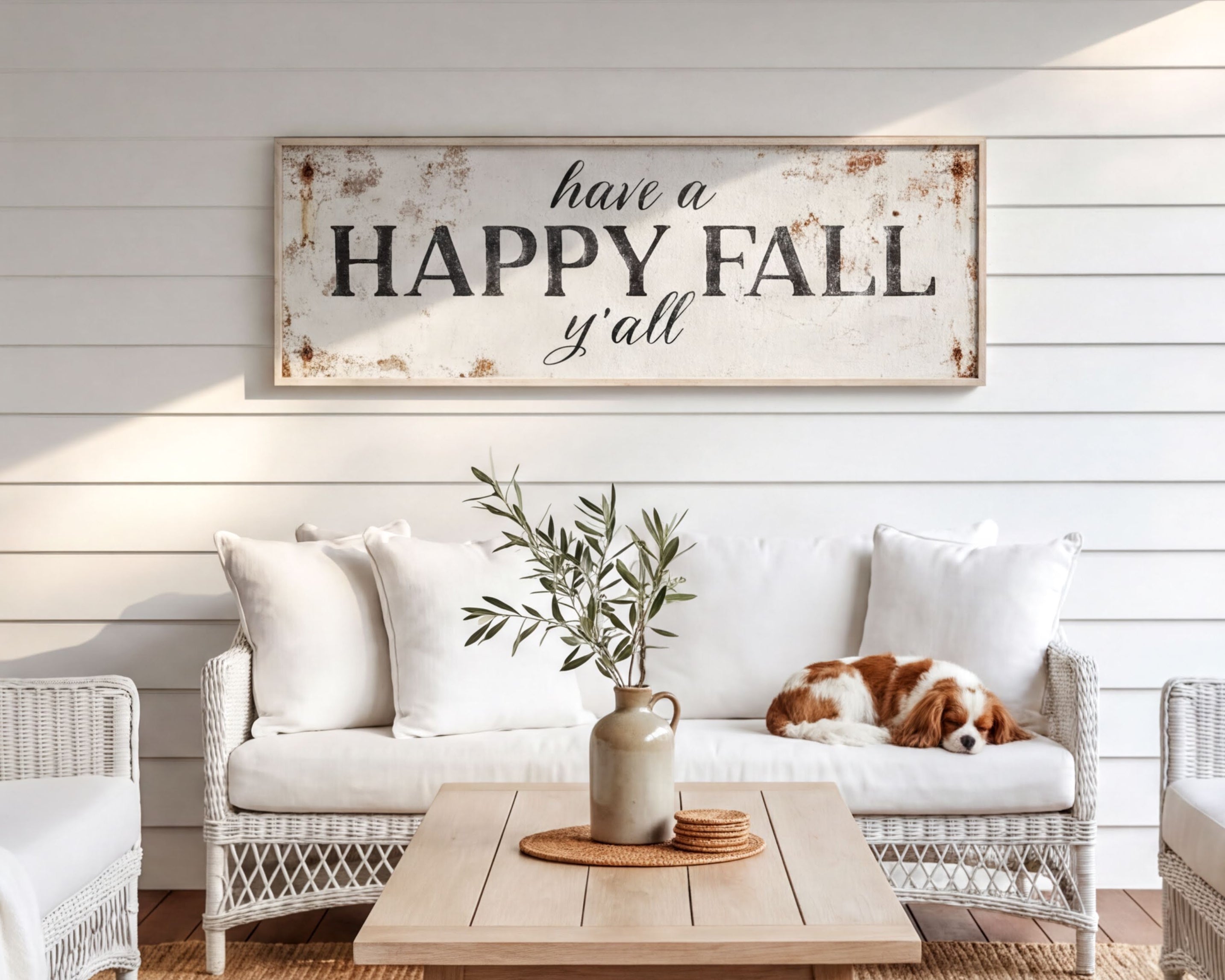 a cozy living room with a white sofa, a wooden coffee table, and a dog resting on the sofa. Above the sofa, there is a rustic wooden sign that reads "Have a HAPPY FALL y'all". The room has a white color scheme, with white walls and a white wicker chair. A vase with greenery is placed on the coffee table, and a rug covers the floor.