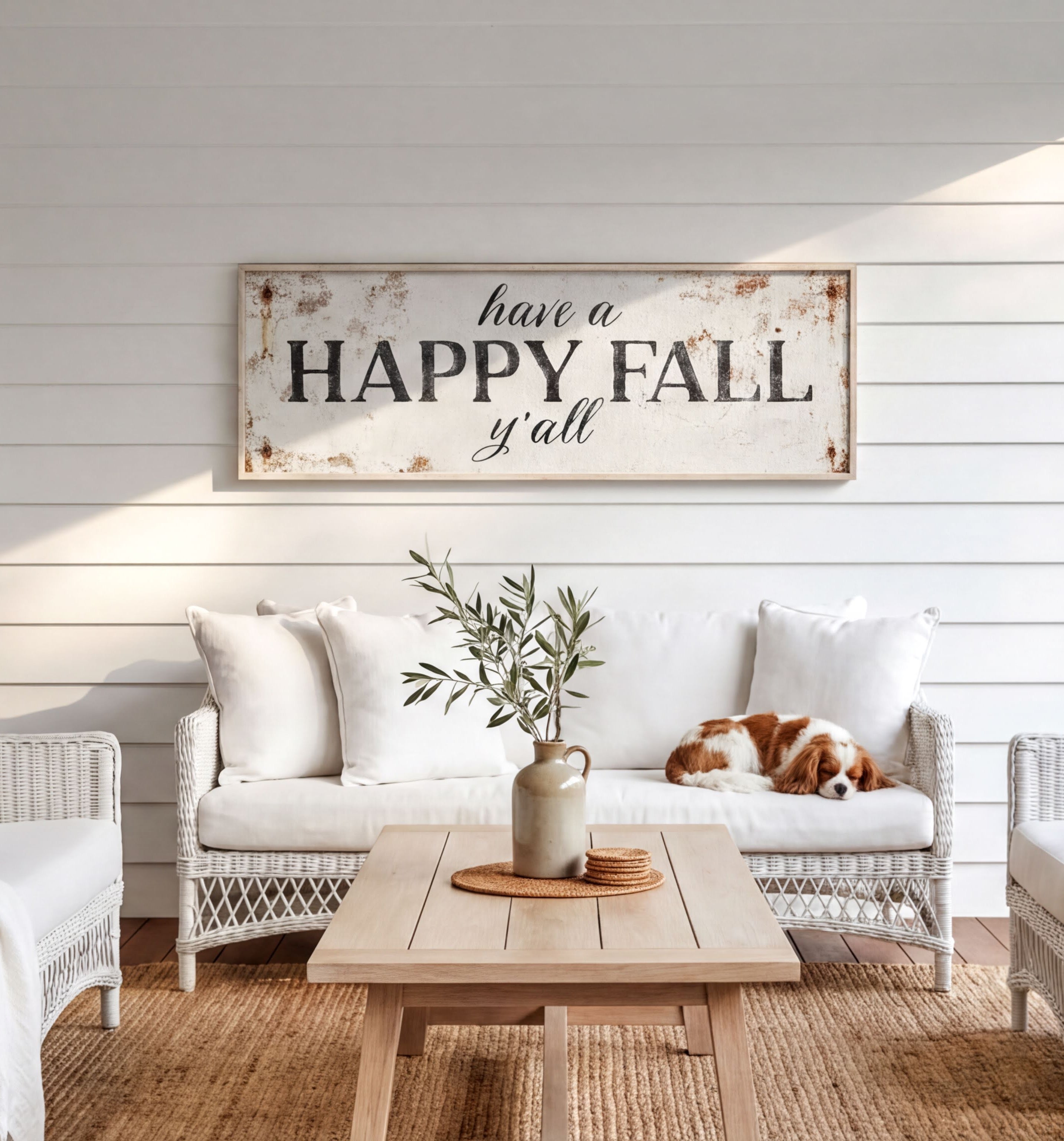 a cozy living room with a white sofa, a wooden coffee table, and a dog resting on the sofa. Above the sofa, there is a rustic wooden sign that reads "Have a HAPPY FALL y'all". The room has a white color scheme, with white walls and a white wicker chair. A vase with greenery is placed on the coffee table, and a rug covers the floor.