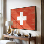 a room with a wooden table and a large painting on the wall