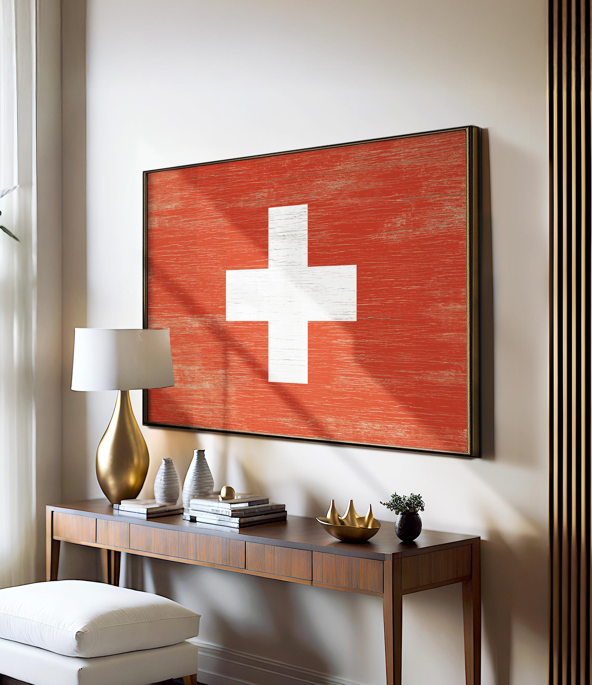 a room with a wooden table and a large painting on the wall