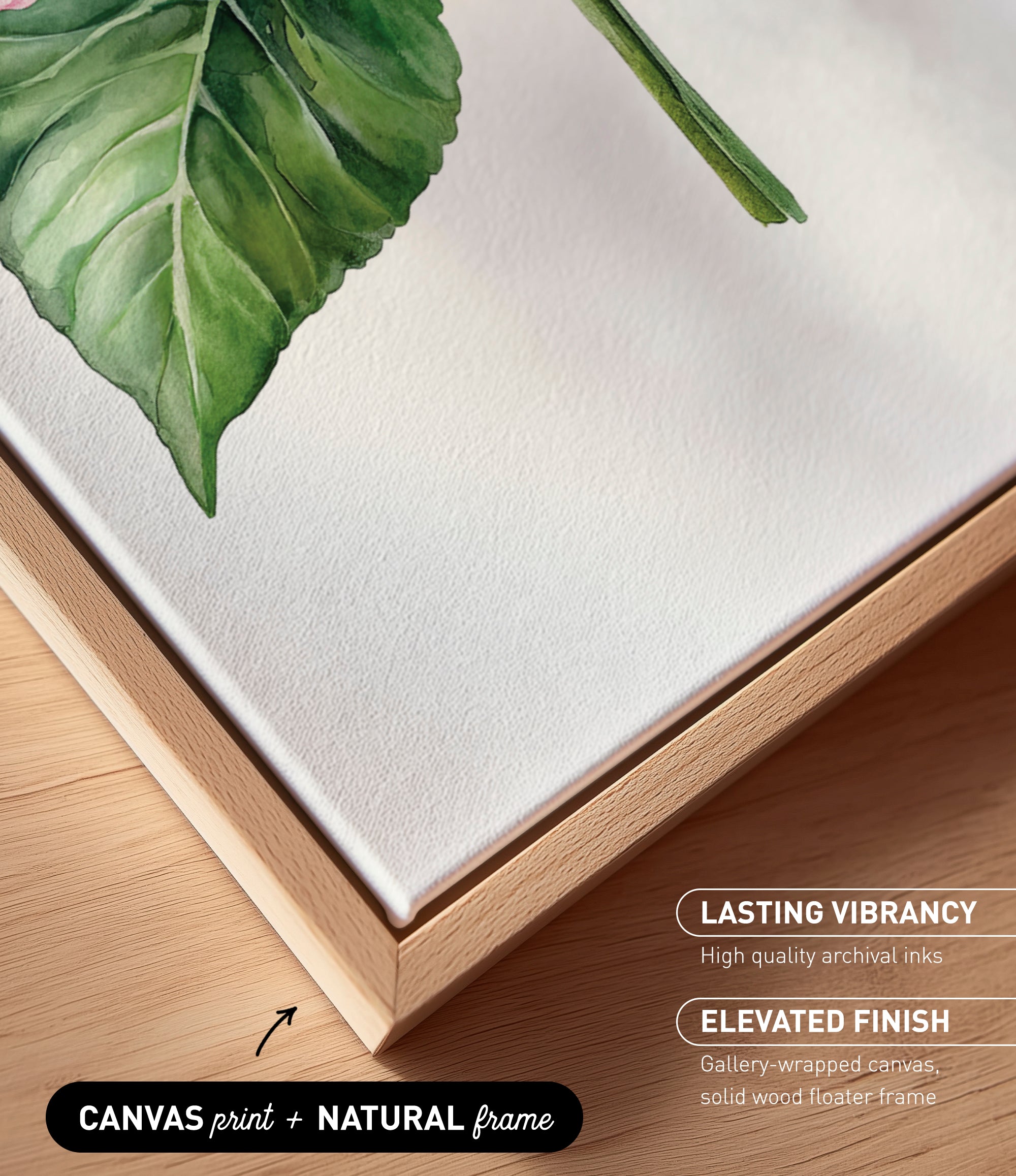 a close-up view of a canvas print with a natural frame, showcasing a vibrant green leaf and a wooden frame.