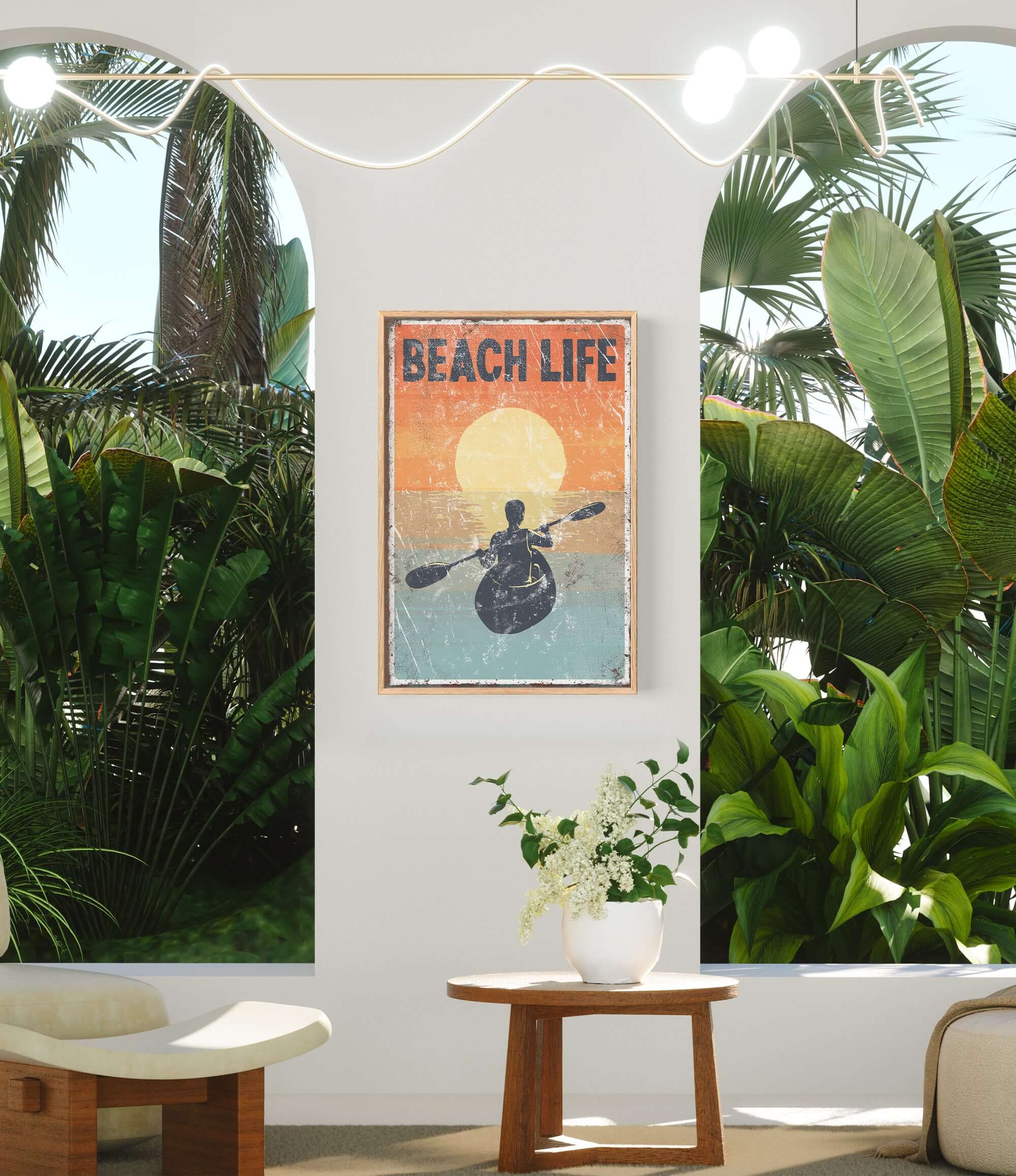 a poster of a person in a kayak in a tropical setting