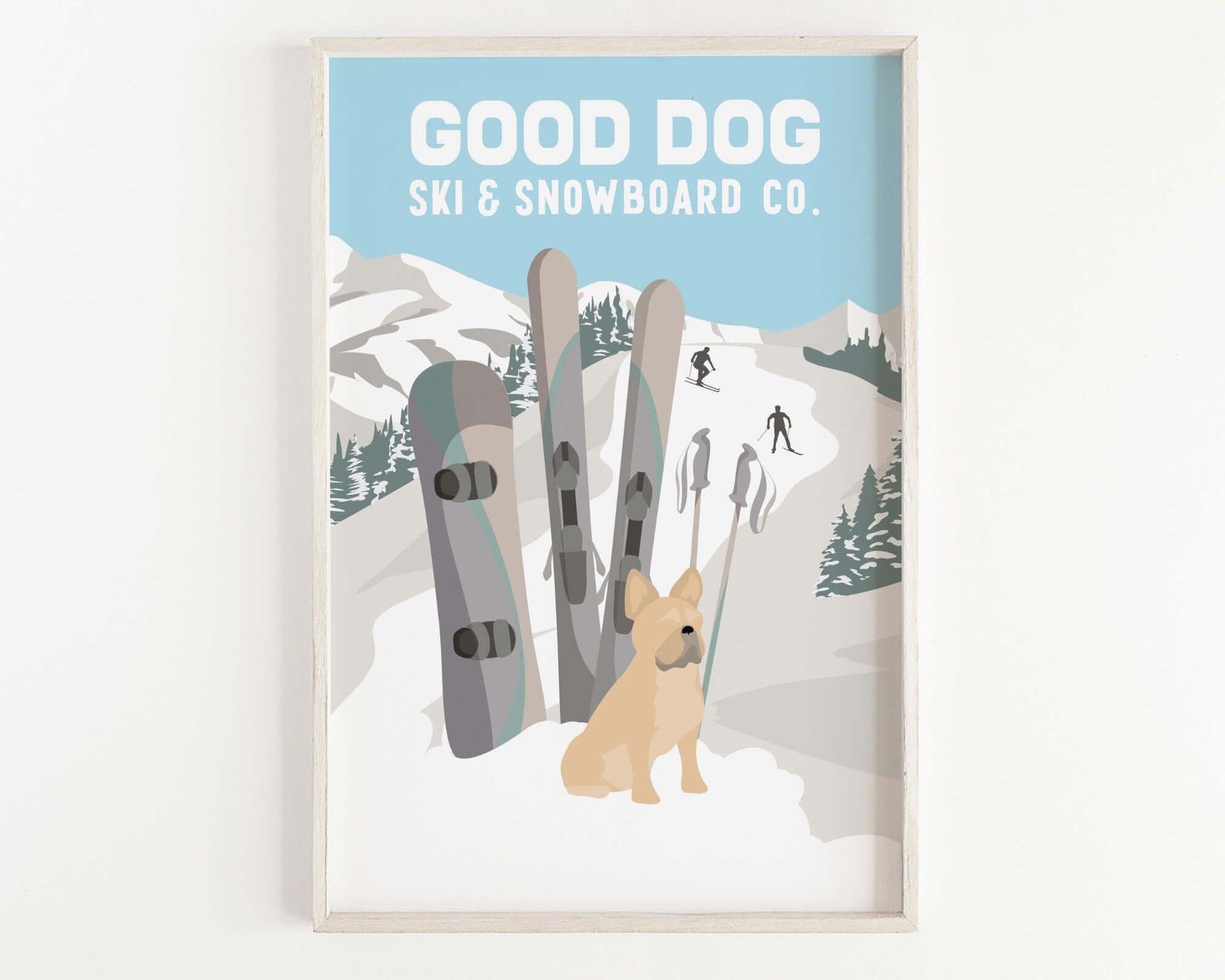 a picture of a dog sitting in front of a snowboard