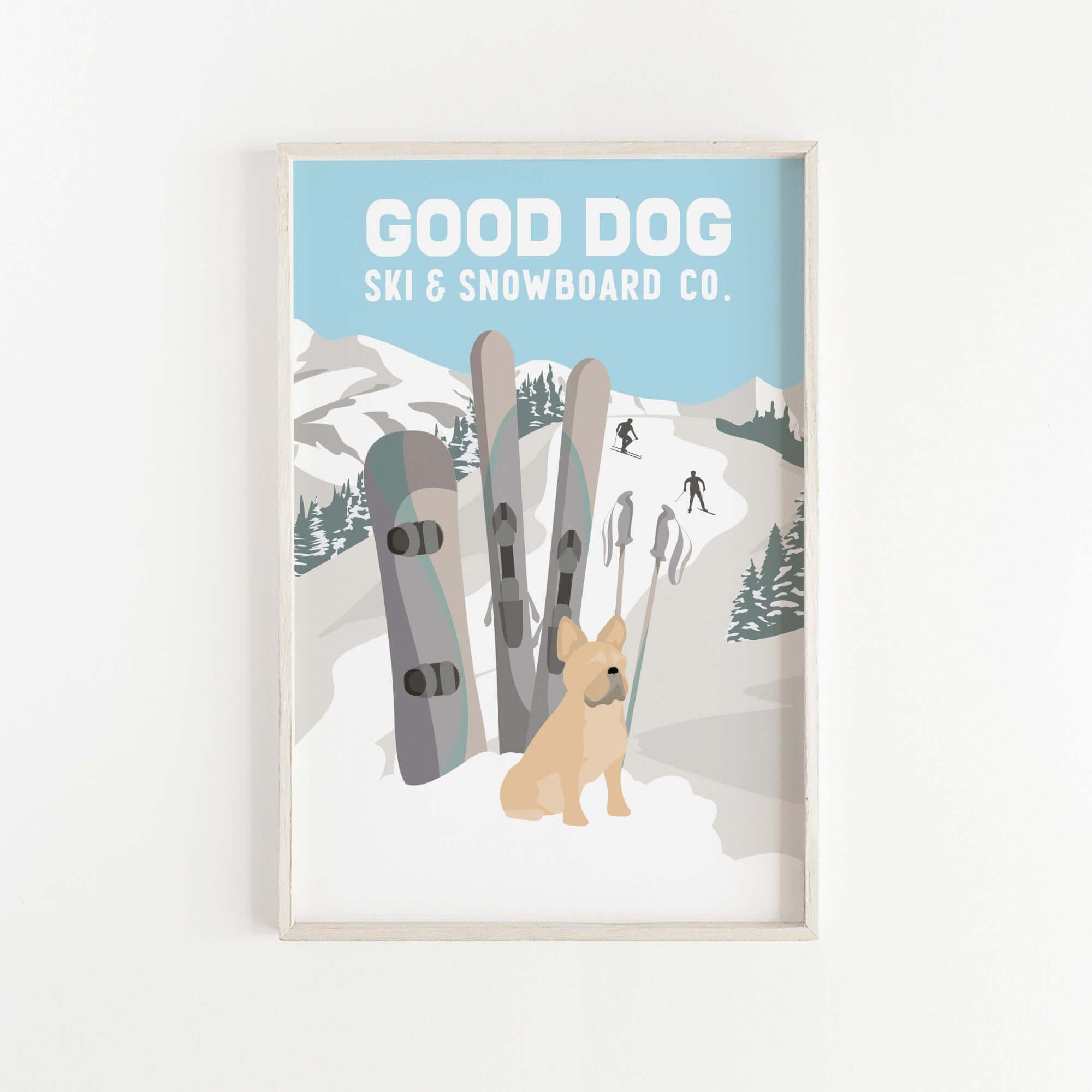 a picture of a dog sitting in front of a snowboard