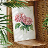A framed watercolor painting of pink hydrangeas is displayed on a wooden shelf, surrounded by lush green plants.