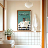 a picture of a bathroom with a dog in the tub