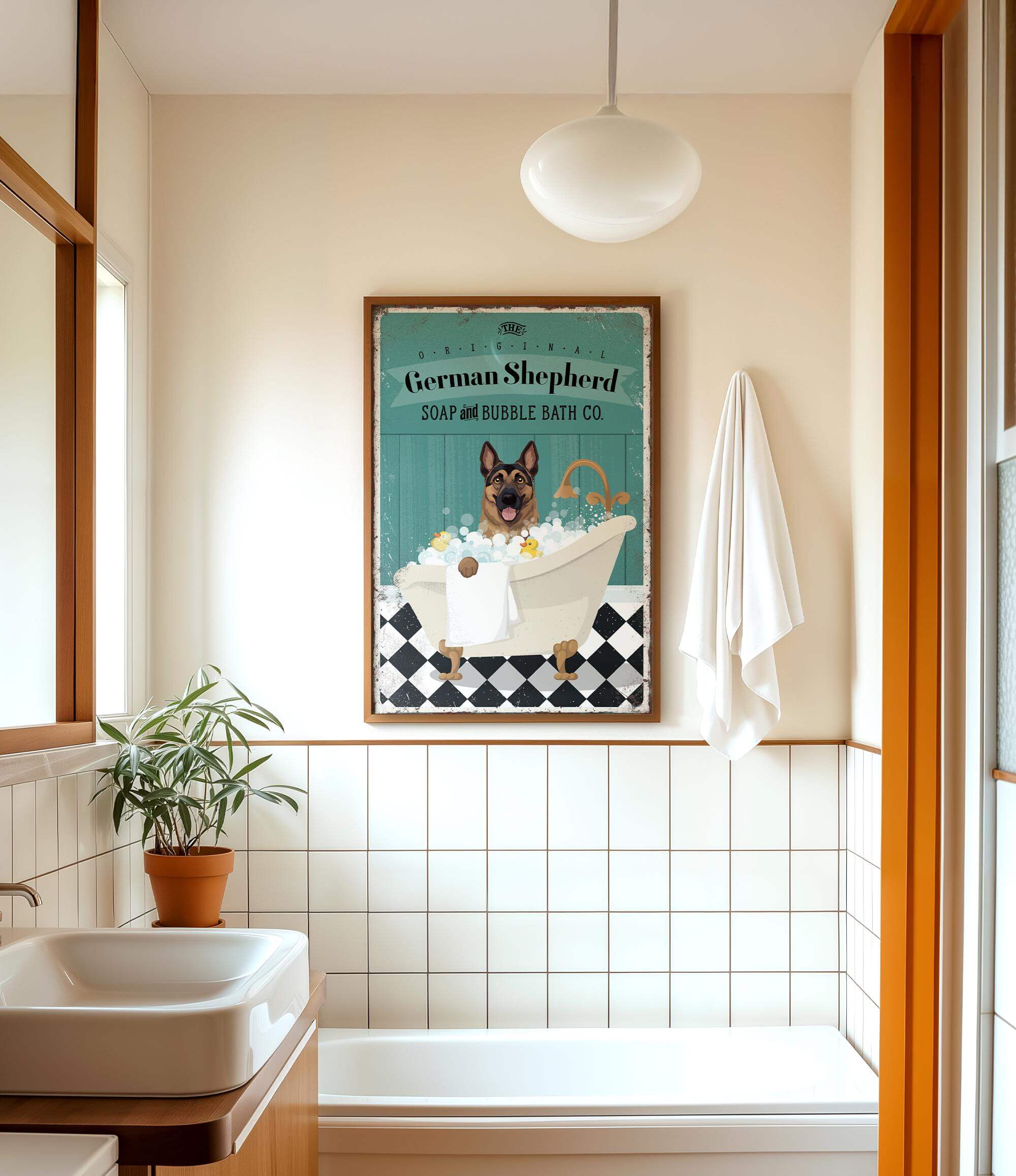 a picture of a bathroom with a dog in the tub