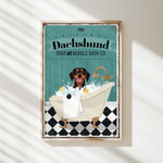 a poster of a dog taking a bath in a bathtub