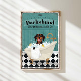 a poster of a dog taking a bath in a bathtub