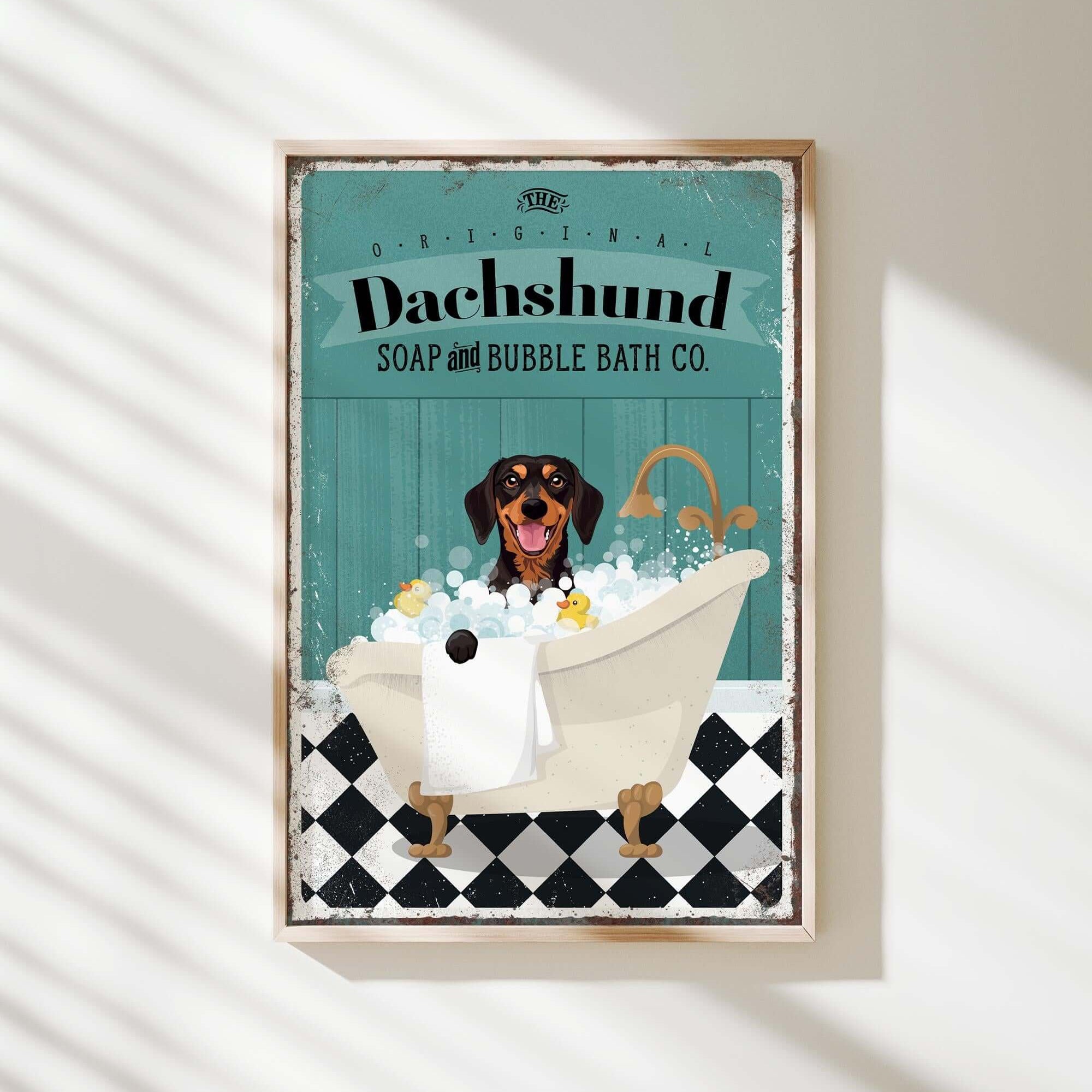 a poster of a dog taking a bath in a bathtub