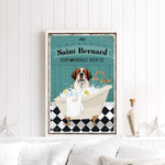 A framed poster of a Saint Bernard dog sitting in a bathtub, surrounded by bubbles, with a vintage-style design.