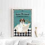 A framed poster of a Saint Bernard dog sitting in a bathtub, surrounded by bubbles, with a vintage-style design.