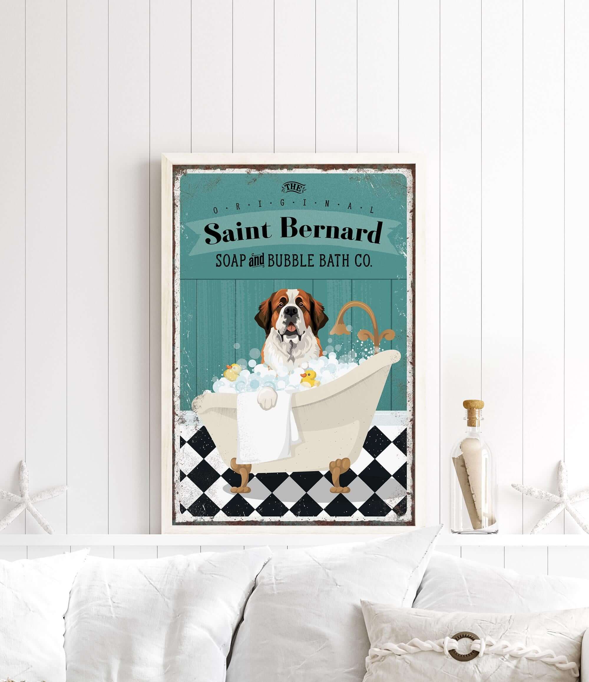 A framed poster of a Saint Bernard dog sitting in a bathtub, surrounded by bubbles, with a vintage-style design.