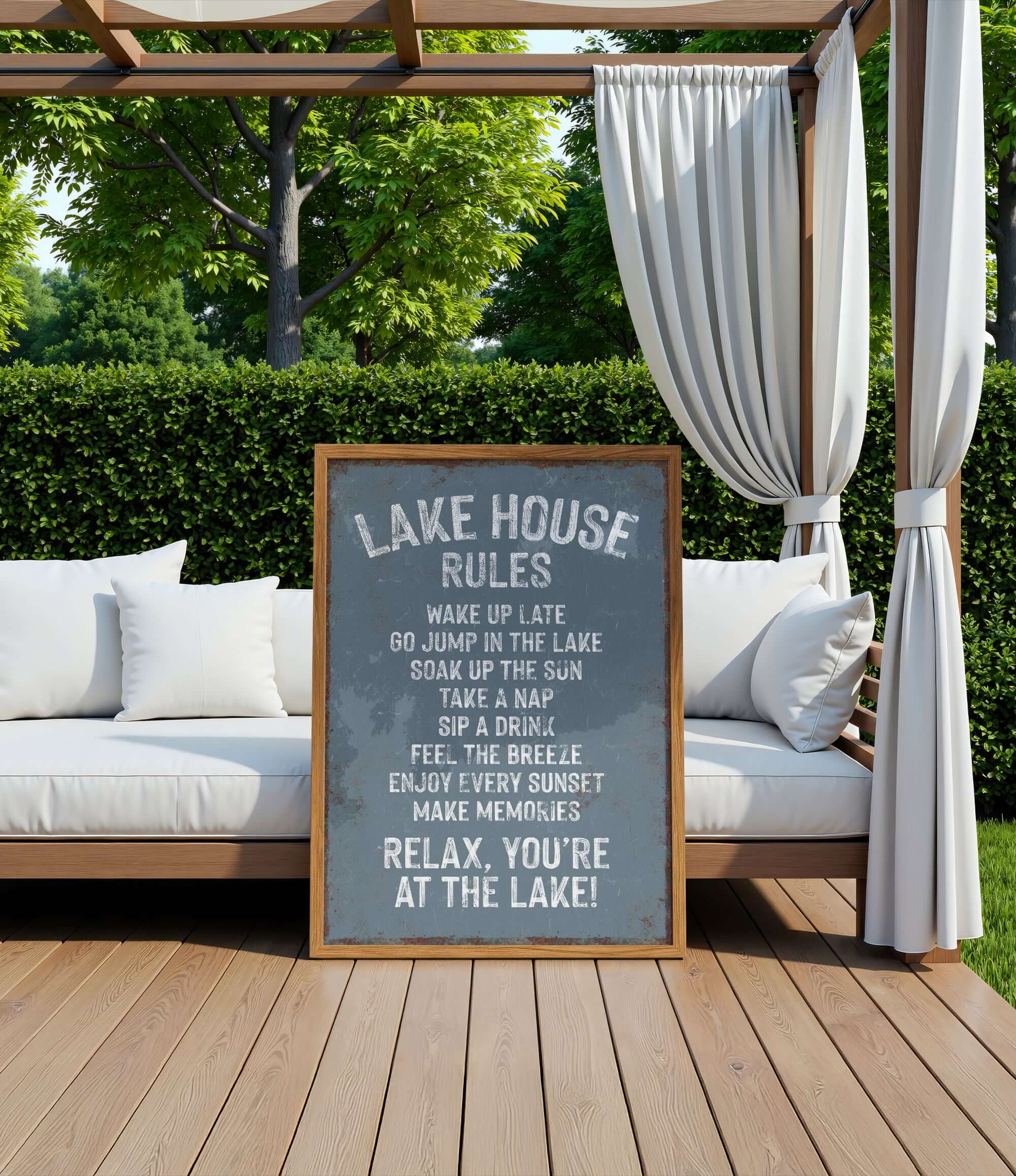 a sign on a wooden deck with a scenic view of a lake, surrounded by trees and greenery.
