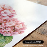 a close-up view of a watercolor painting of a pink hydrangea flower on a white background.