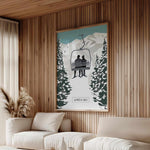 a cozy living room with a large framed poster of a ski lift and two white couches.