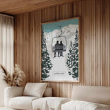 a cozy living room with a large framed poster of a ski lift and two white couches.