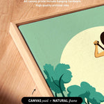 a wooden surface with a framed artwork depicting a stylized illustration of a person holding a plant.