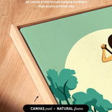 a wooden surface with a framed artwork depicting a stylized illustration of a person holding a plant.