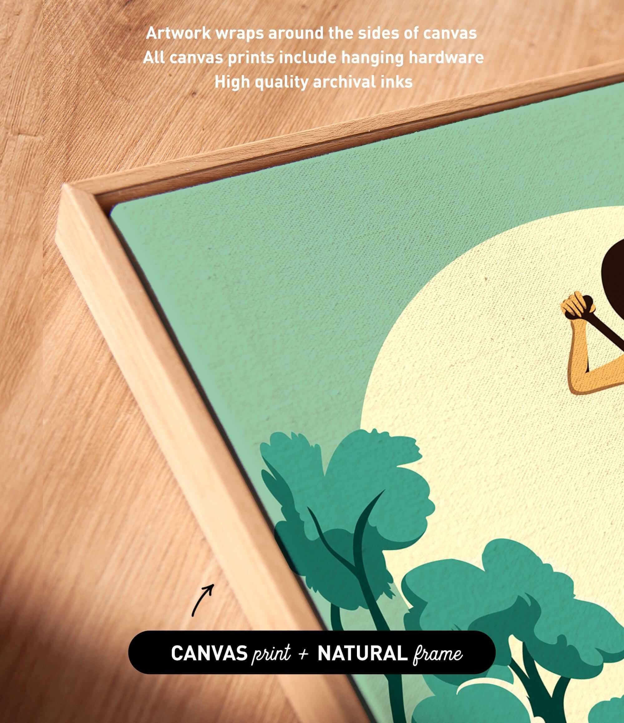 a wooden surface with a framed artwork depicting a stylized illustration of a person holding a plant.