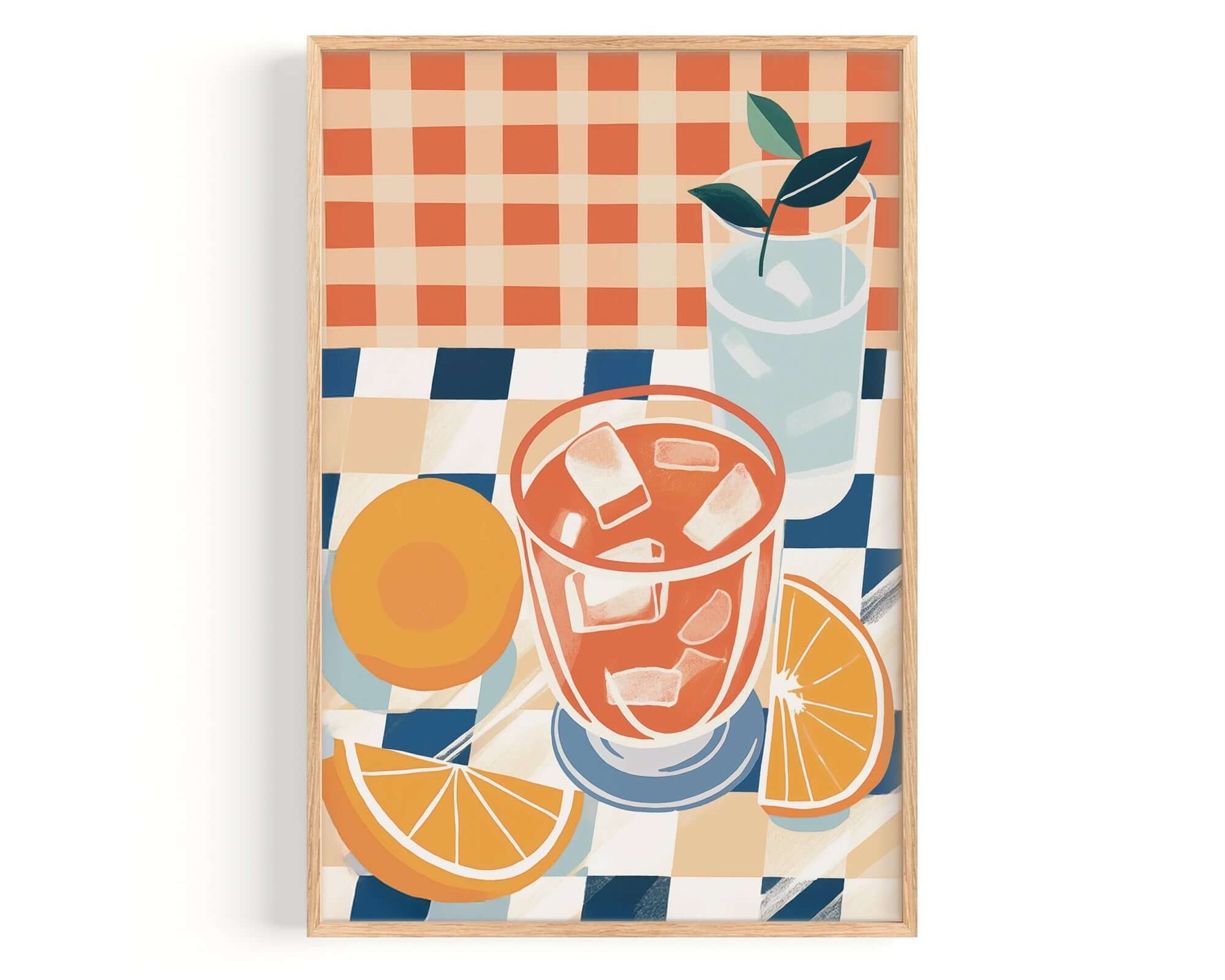 The image is a framed illustration depicting a glass of iced tea with a slice of orange and a lemon, set on a checkered tablecloth.