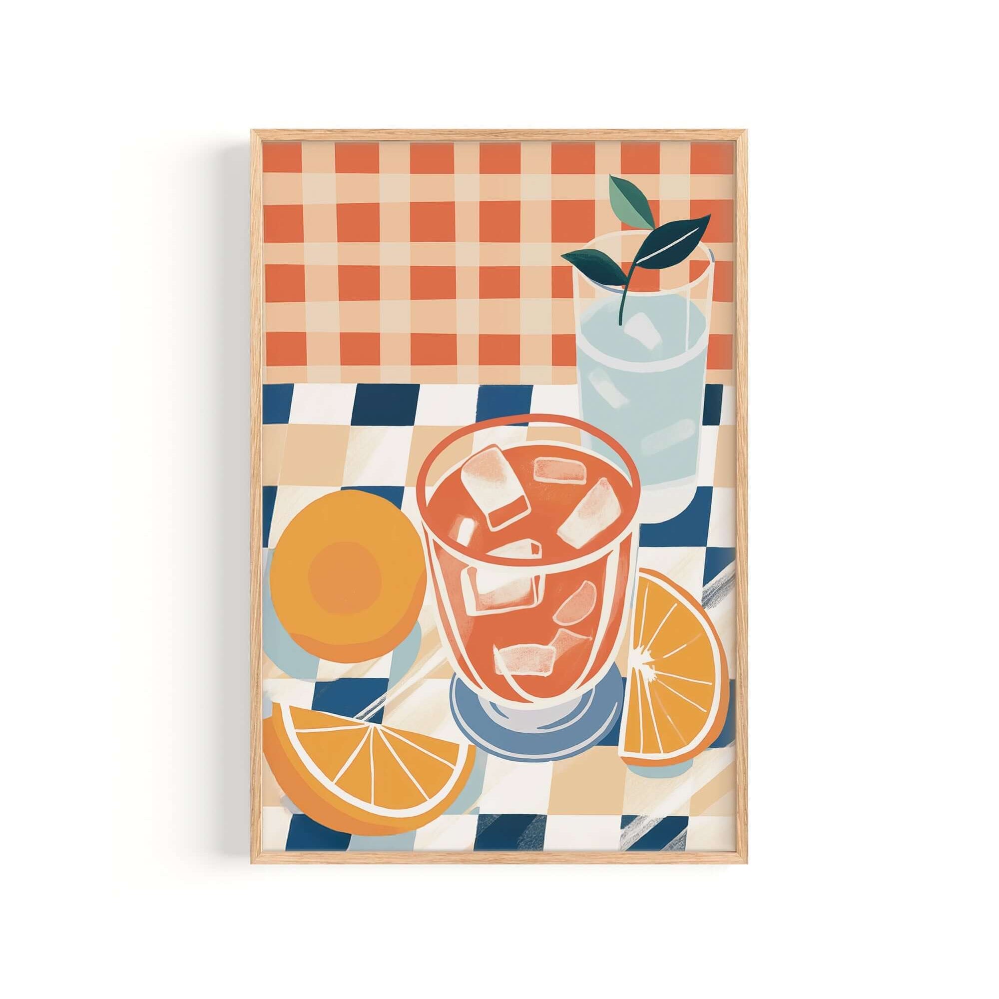 The image is a framed illustration depicting a glass of iced tea with a slice of orange and a lemon, set on a checkered tablecloth.