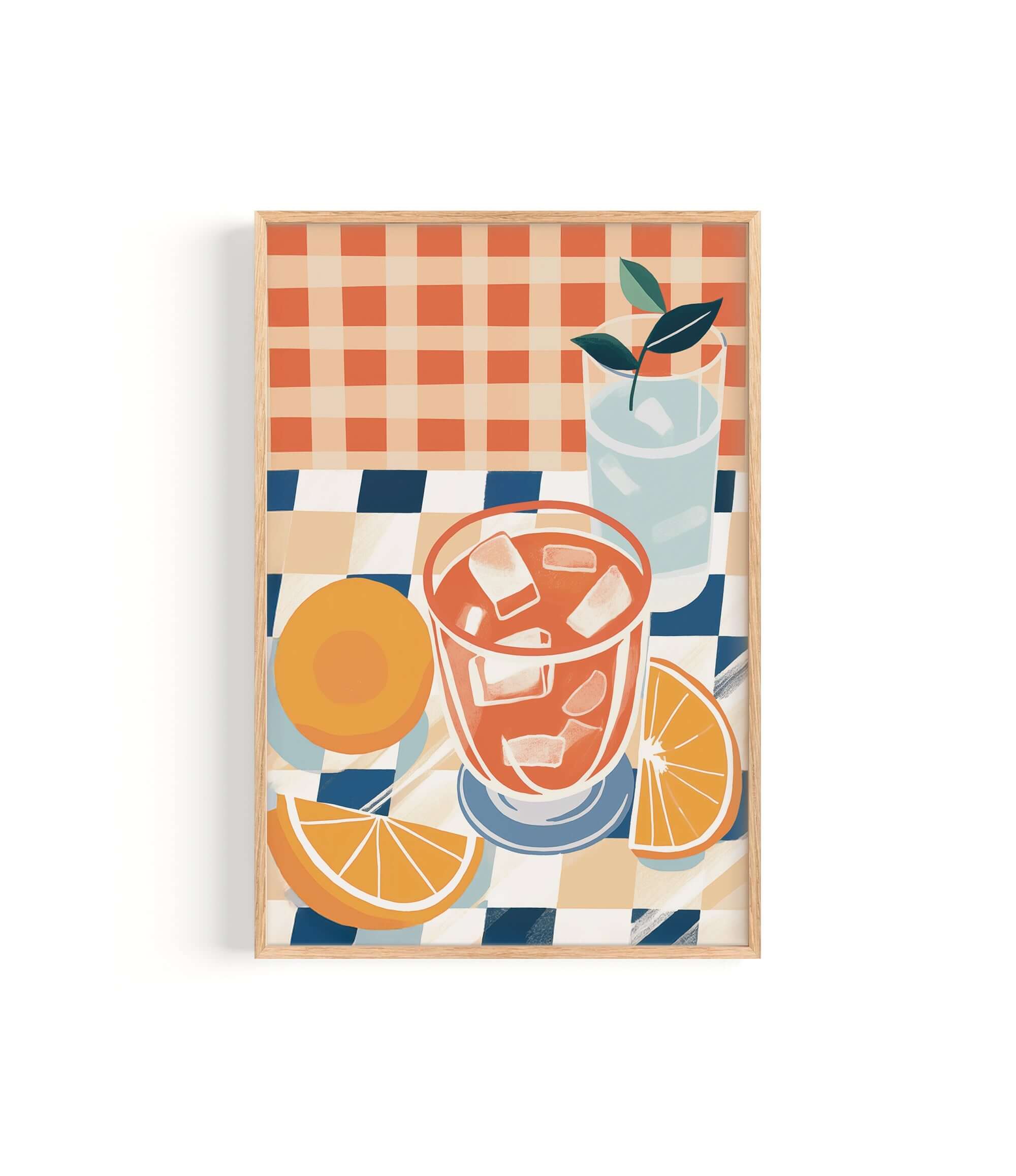 The image is a framed illustration depicting a glass of iced tea with a slice of orange and a lemon, set on a checkered tablecloth.
