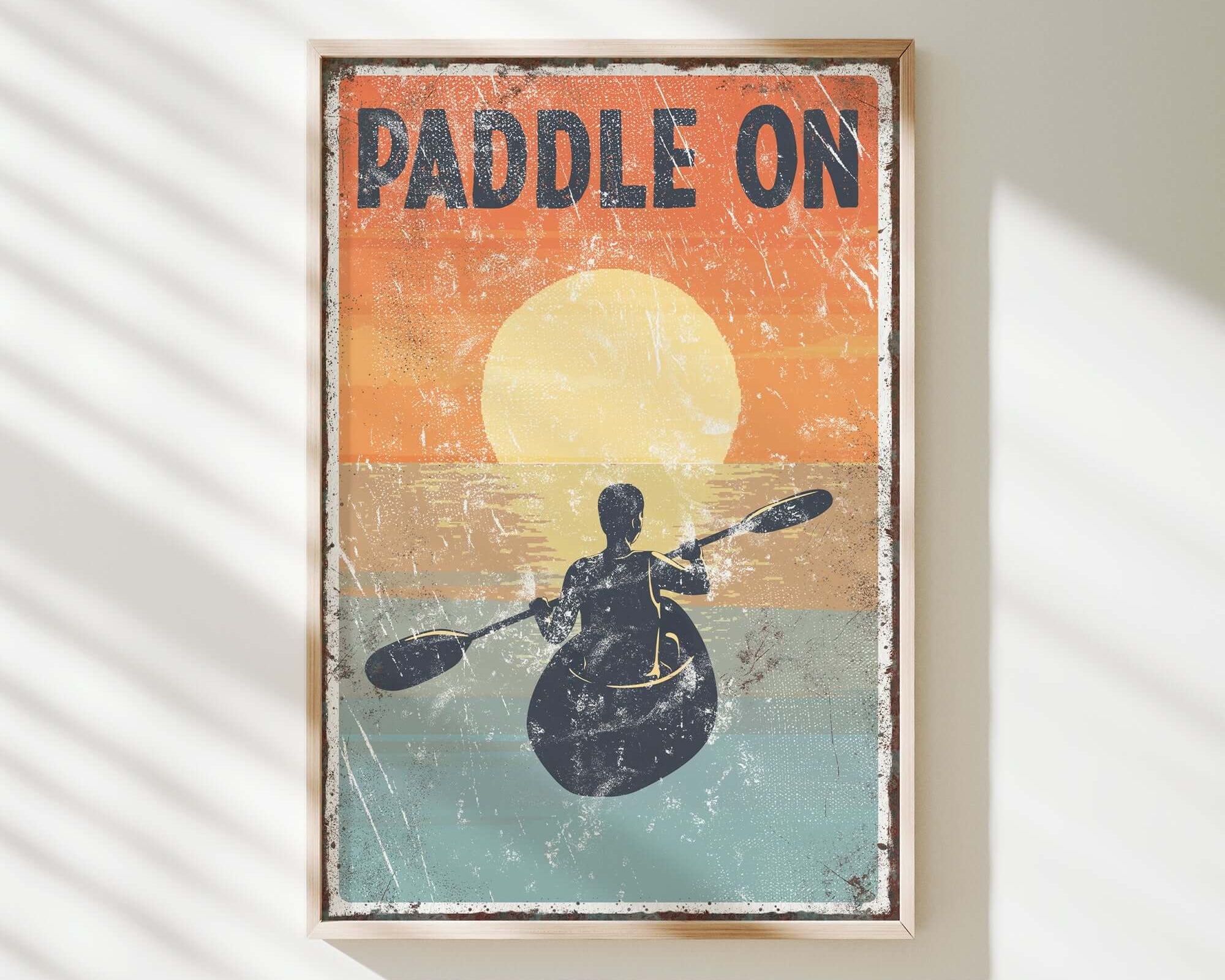 a vintage paddle on poster hangs on a wall