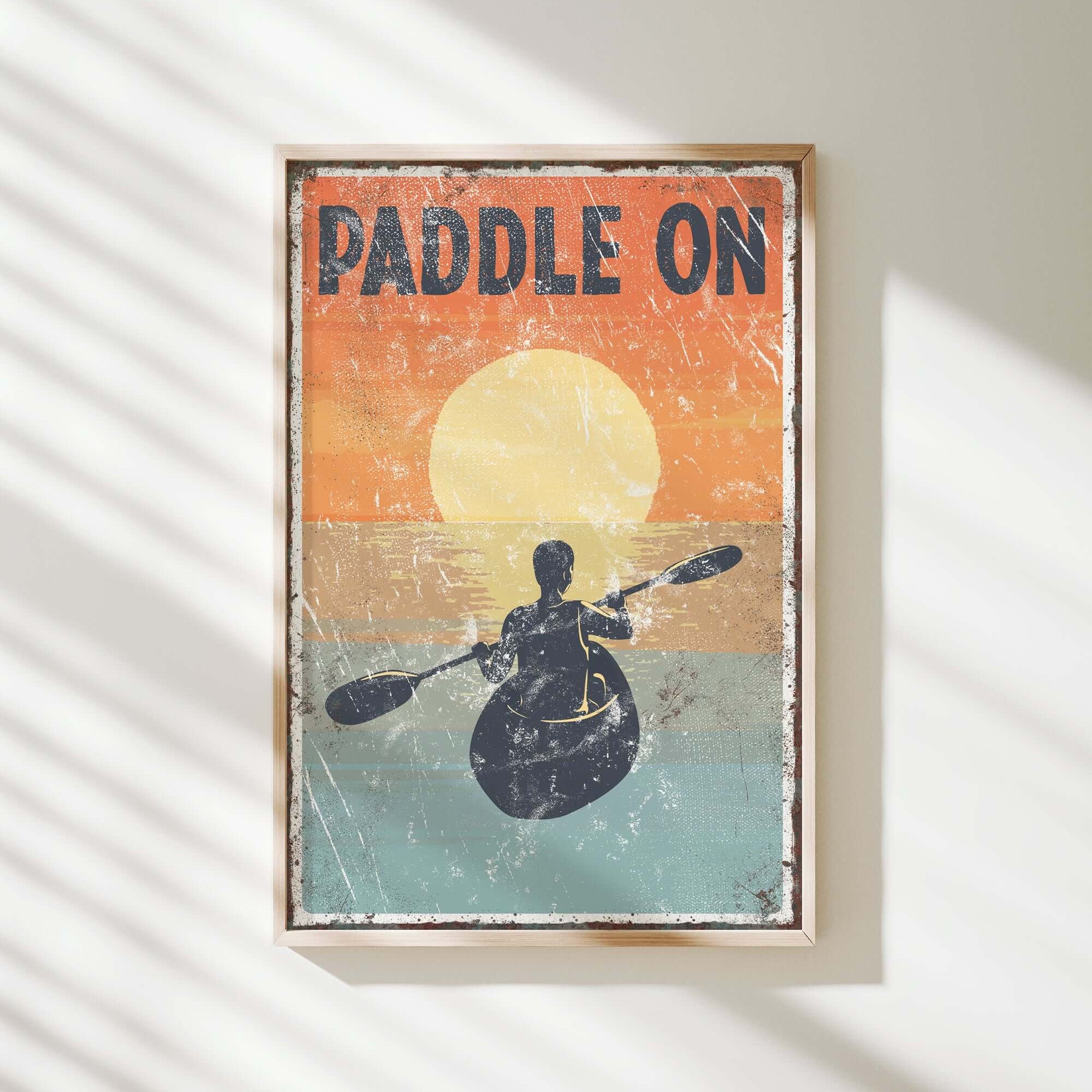 a vintage paddle on poster hangs on a wall