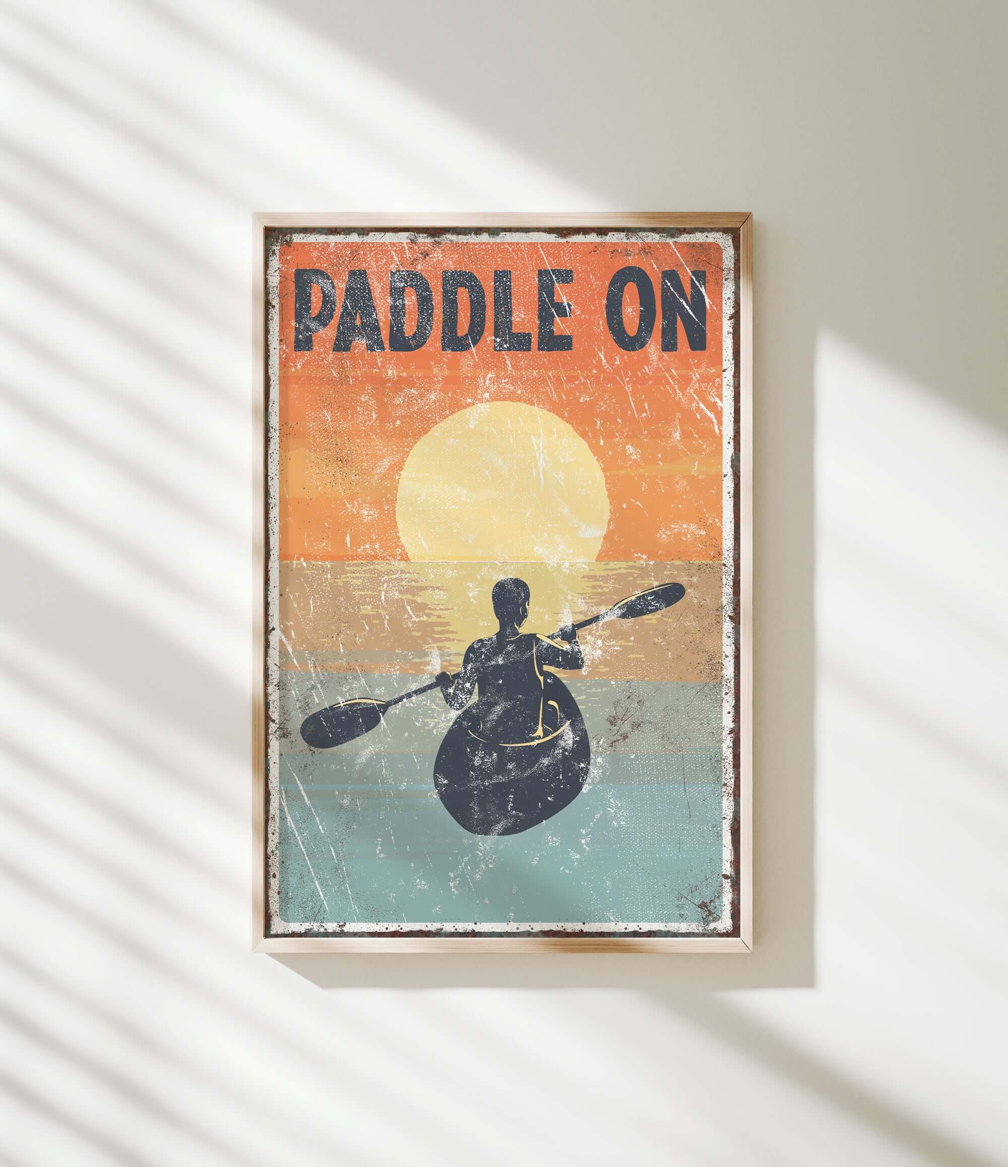 a vintage paddle on poster hangs on a wall