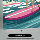 The image is an illustration of a person standing on a pink surfboard, with trees and waves in the background.