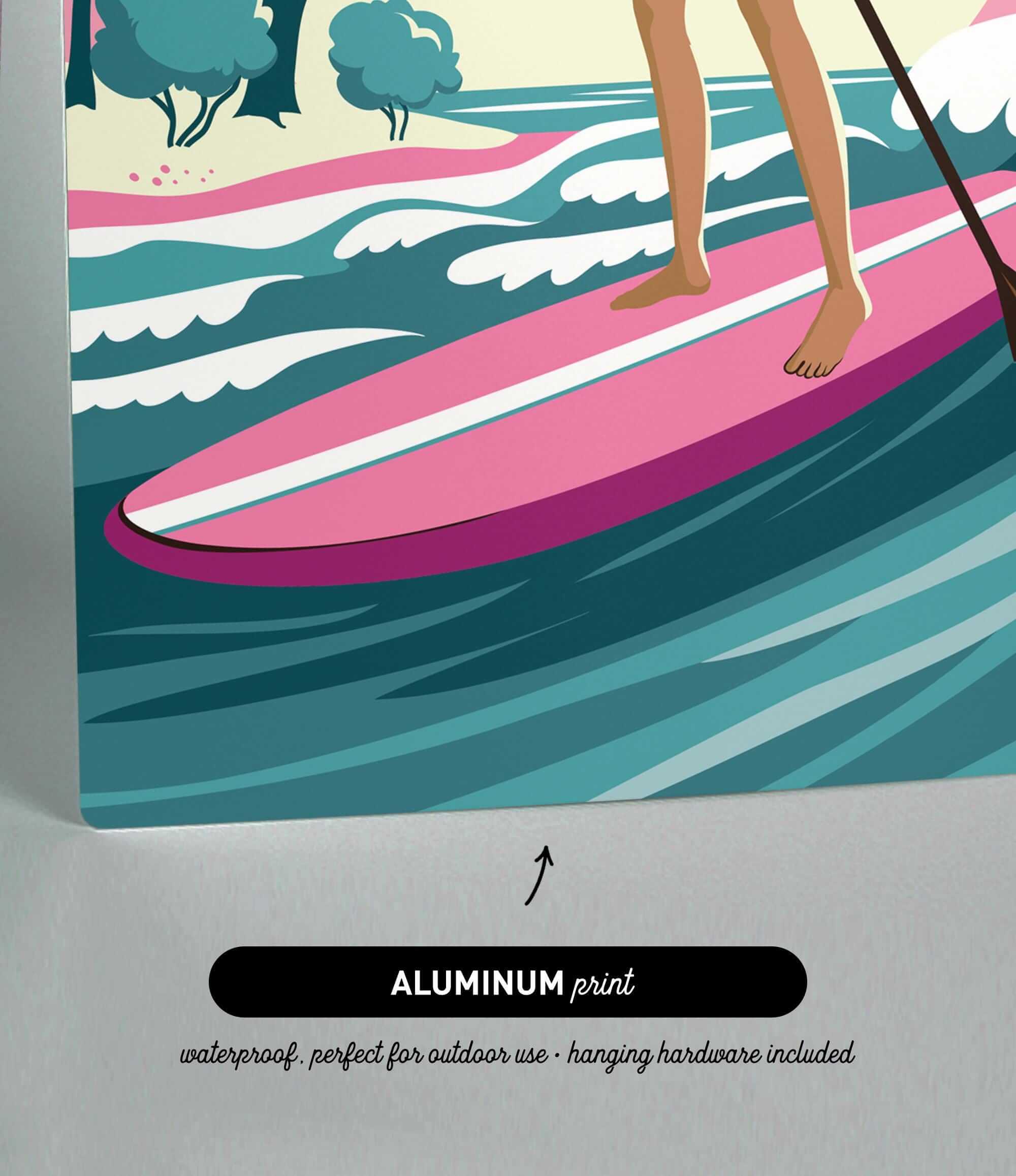 The image is an illustration of a person standing on a pink surfboard, with trees and waves in the background.