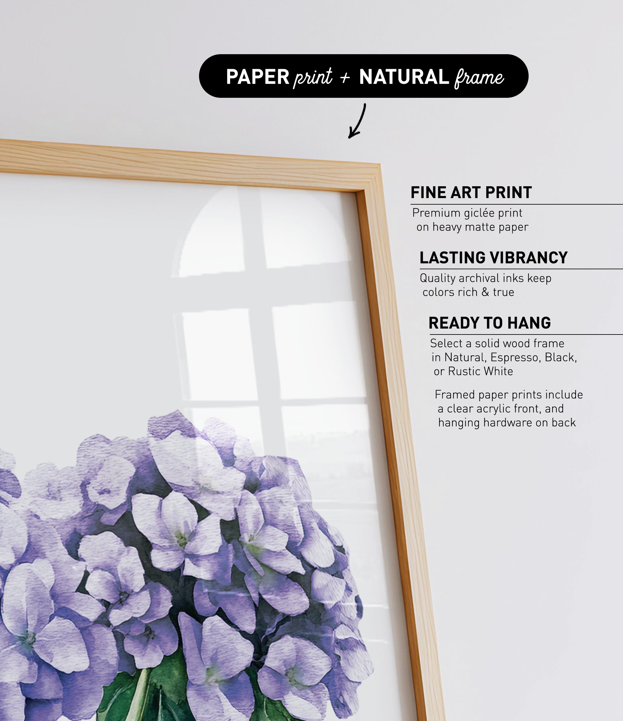 a framed print of a bouquet of purple flowers, with a natural frame.