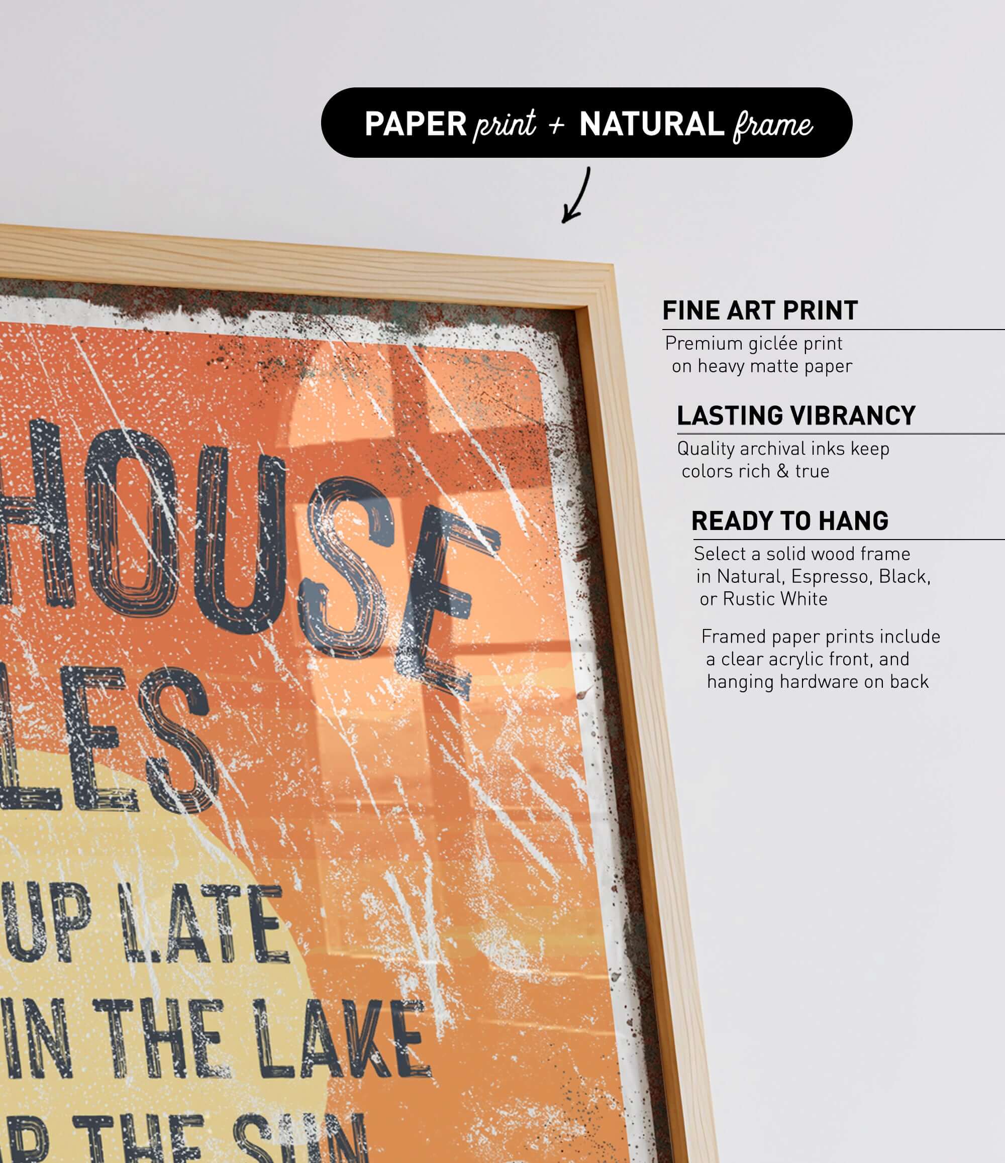 The image is a poster with a distressed, weathered appearance, featuring the text "HOUSE IN THE LAKE" in a distressed font. The poster is framed and hangs on a wall, with a caption below it providing information about the paper print and natural frame.