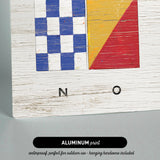 a picture of a wooden sign with a red, yellow, and blue design