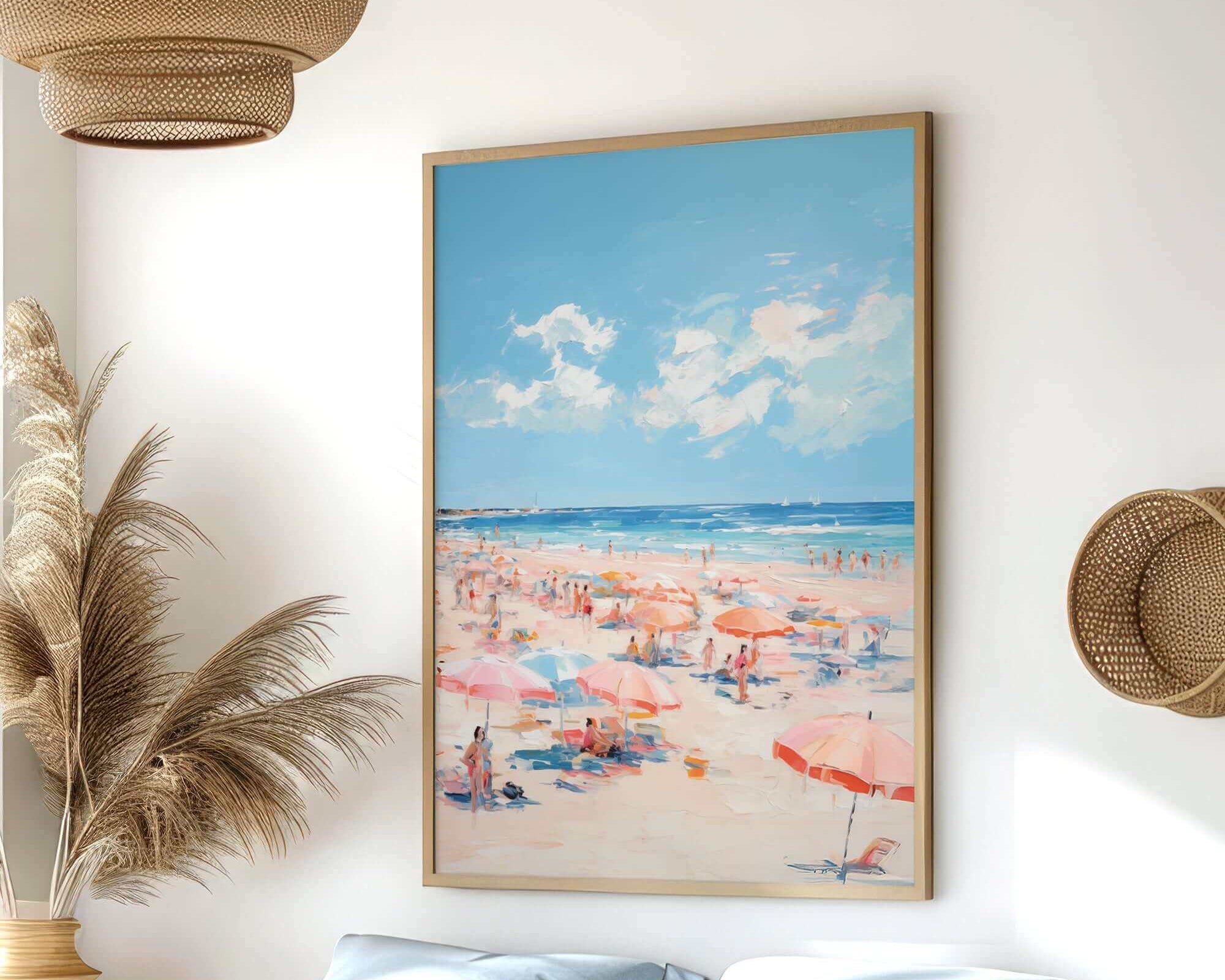a beach scene with people enjoying the sun and sand, featuring colorful umbrellas and a clear blue sky.