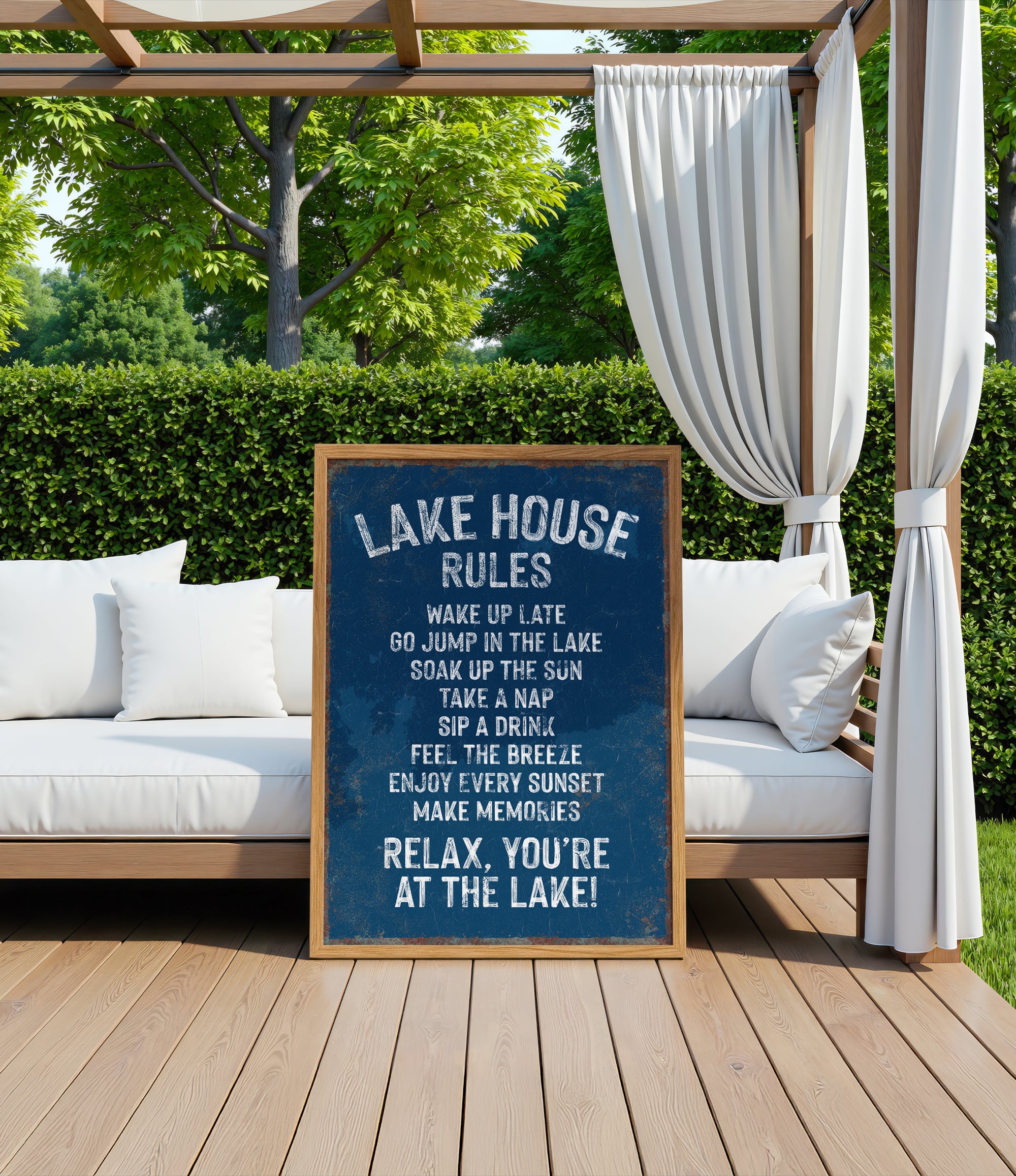 A sign on a wooden deck with a scenic view of a lake, featuring a list of rules for visitors to follow while relaxing at the lake house.